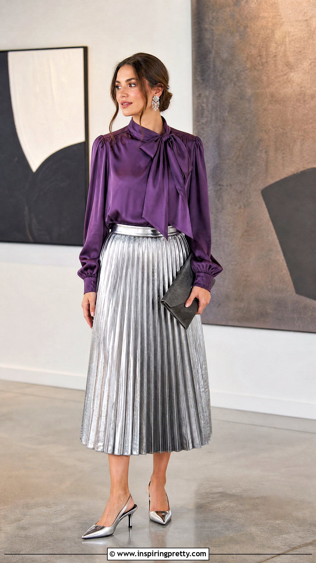 Purple Blouse With Silver Midi Skirt - 25 fancy purple top outfit ideas