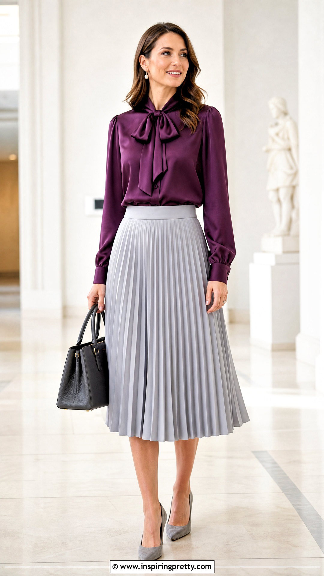 Purple Bow Blouse With Gray Pleated Skirt - 25 fancy purple top outfit ideas