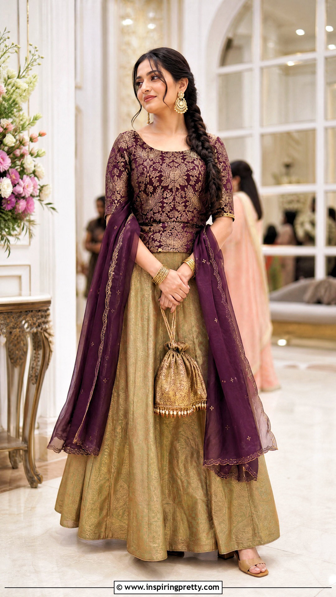 Purple Brocade Top With Gold Skirt - 50 brocade top designs