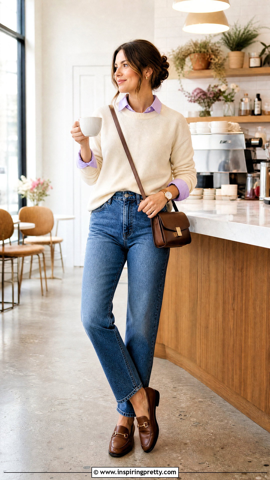 Purple Button Down Top With Sweater And Jeans - 50 Purple Top Outfit ideas