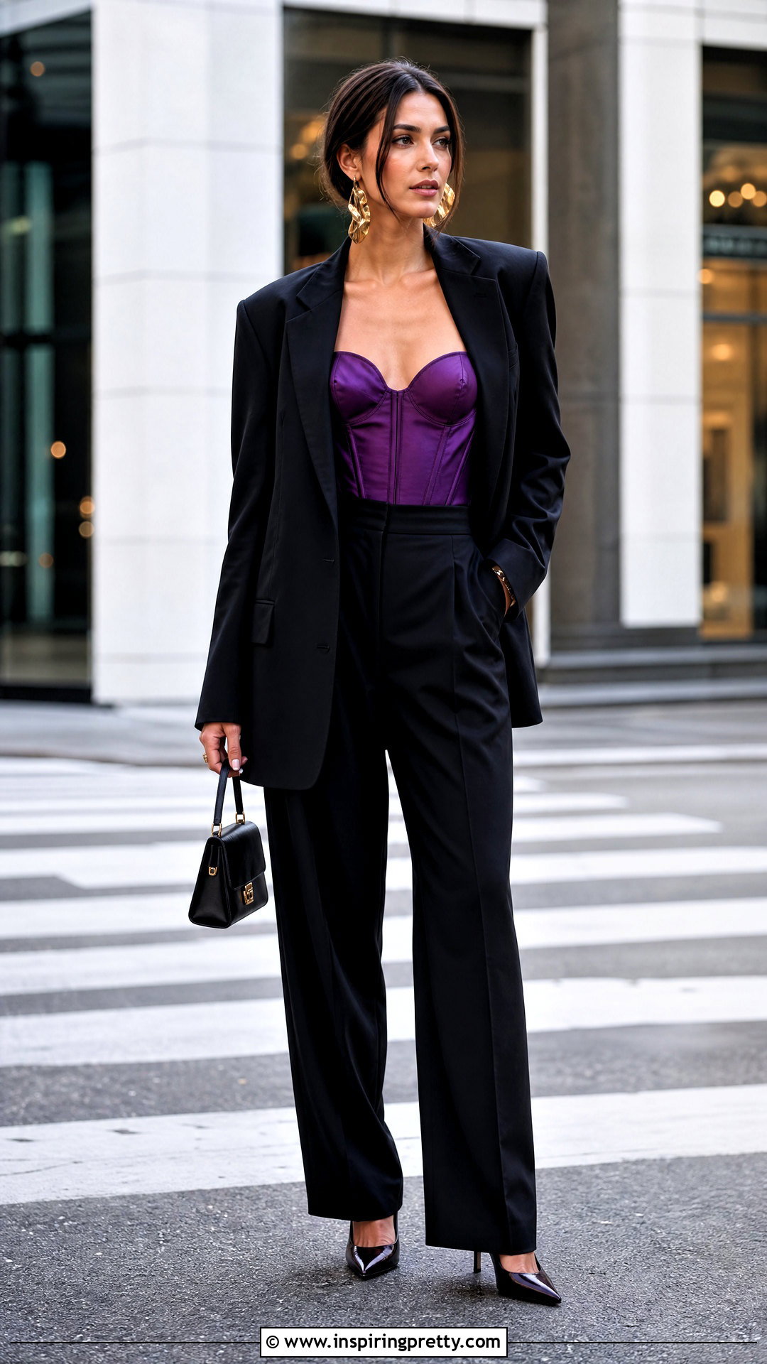 Purple Corset Top With Black Suit - 25 fancy purple top outfit ideas
