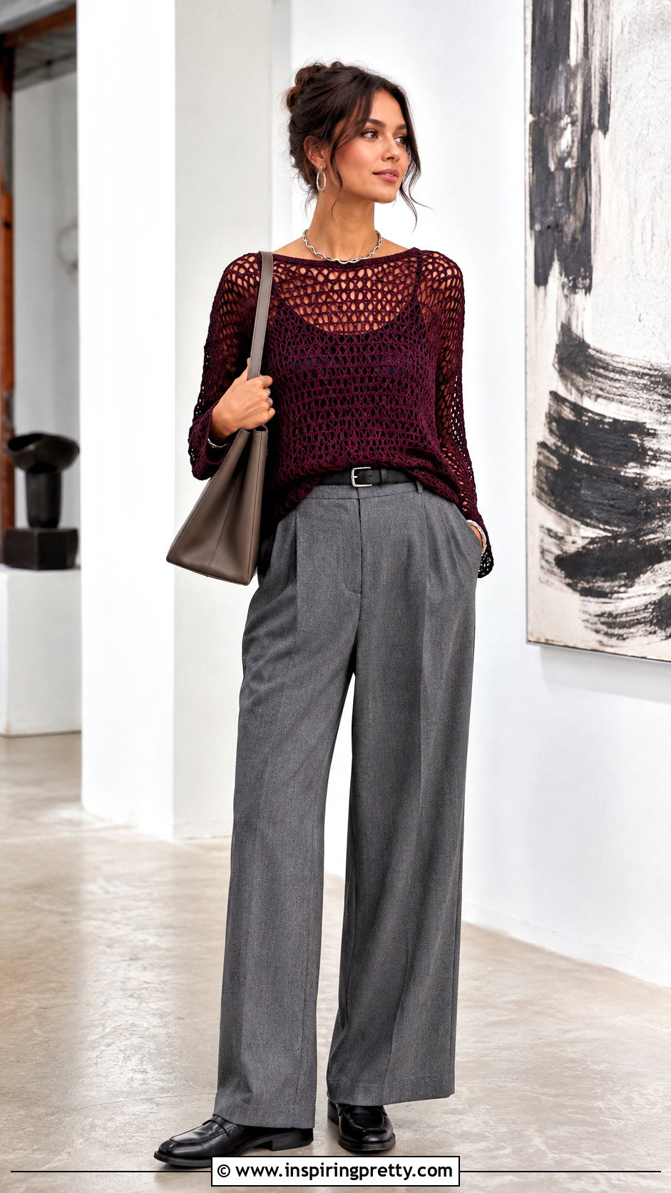 Purple Crochet Mesh Top With Gray Trousers - 50 mesh top crochet ideas