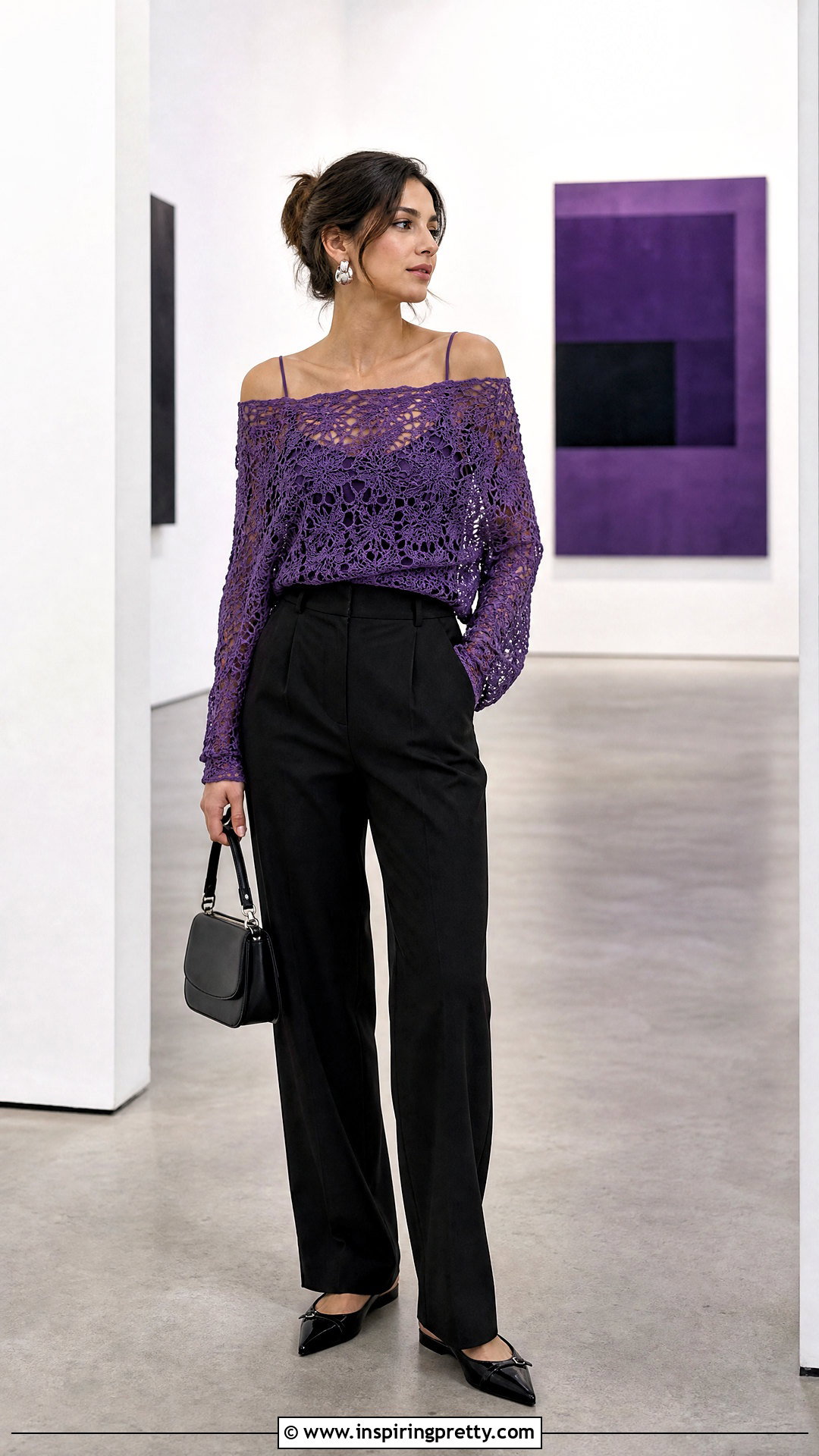 Purple Crochet Off Shoulder Top With Black Pants - 50 Crochet Off Shoulder Top outfit ideas