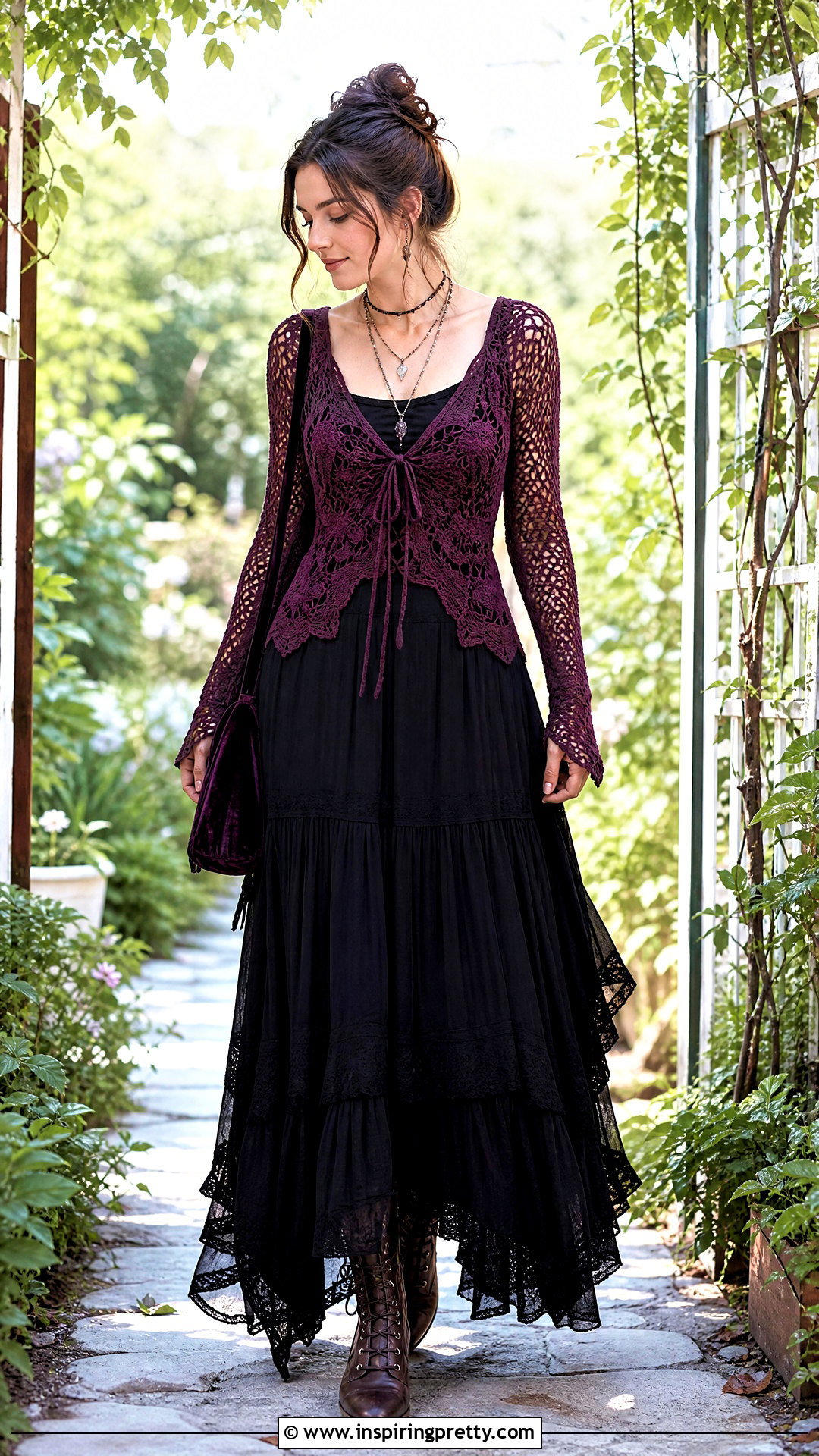 Purple Crochet Top With Black Maxi Skirt - 50 goth crochet top outfit ideas