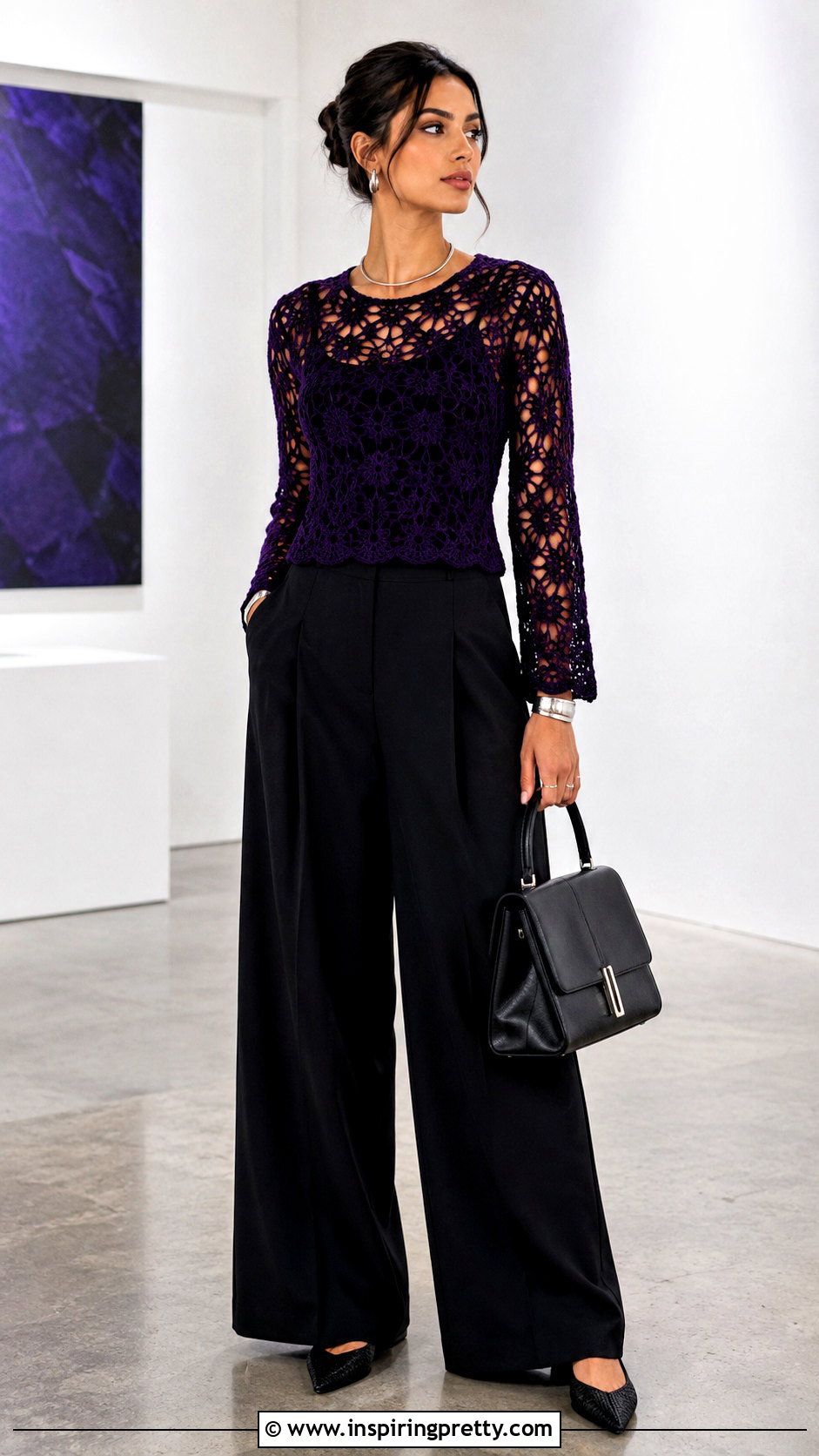 Purple Crochet Top With Black Trousers - 50 crochet tops for women