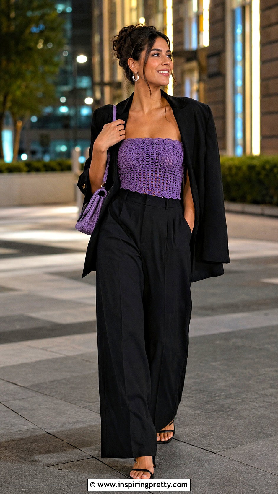 Purple Crochet Tube Top With Black Pants - 50 crochet tube top outfit ideas