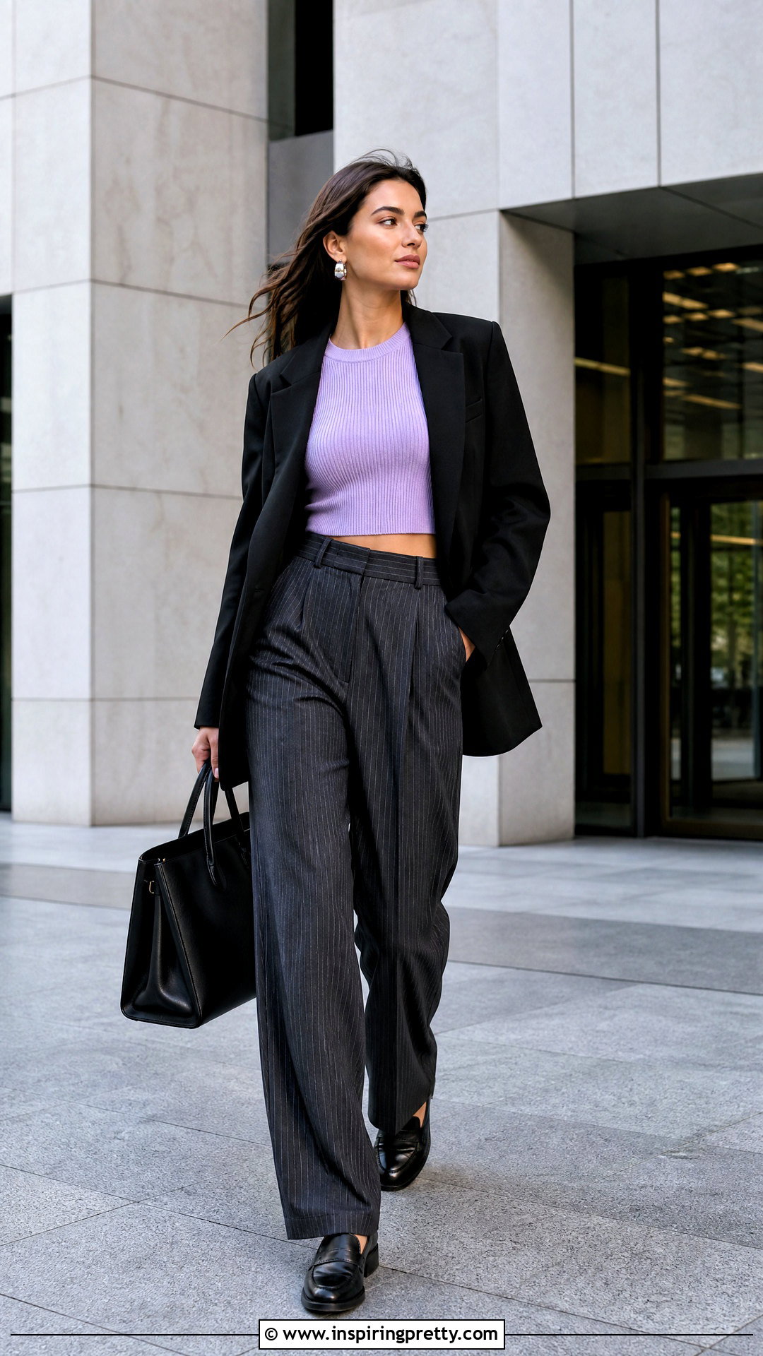 Purple Crop Top Sweater With Pinstripe Trousers - 20 Purple Crop Top Sweater outfit ideas