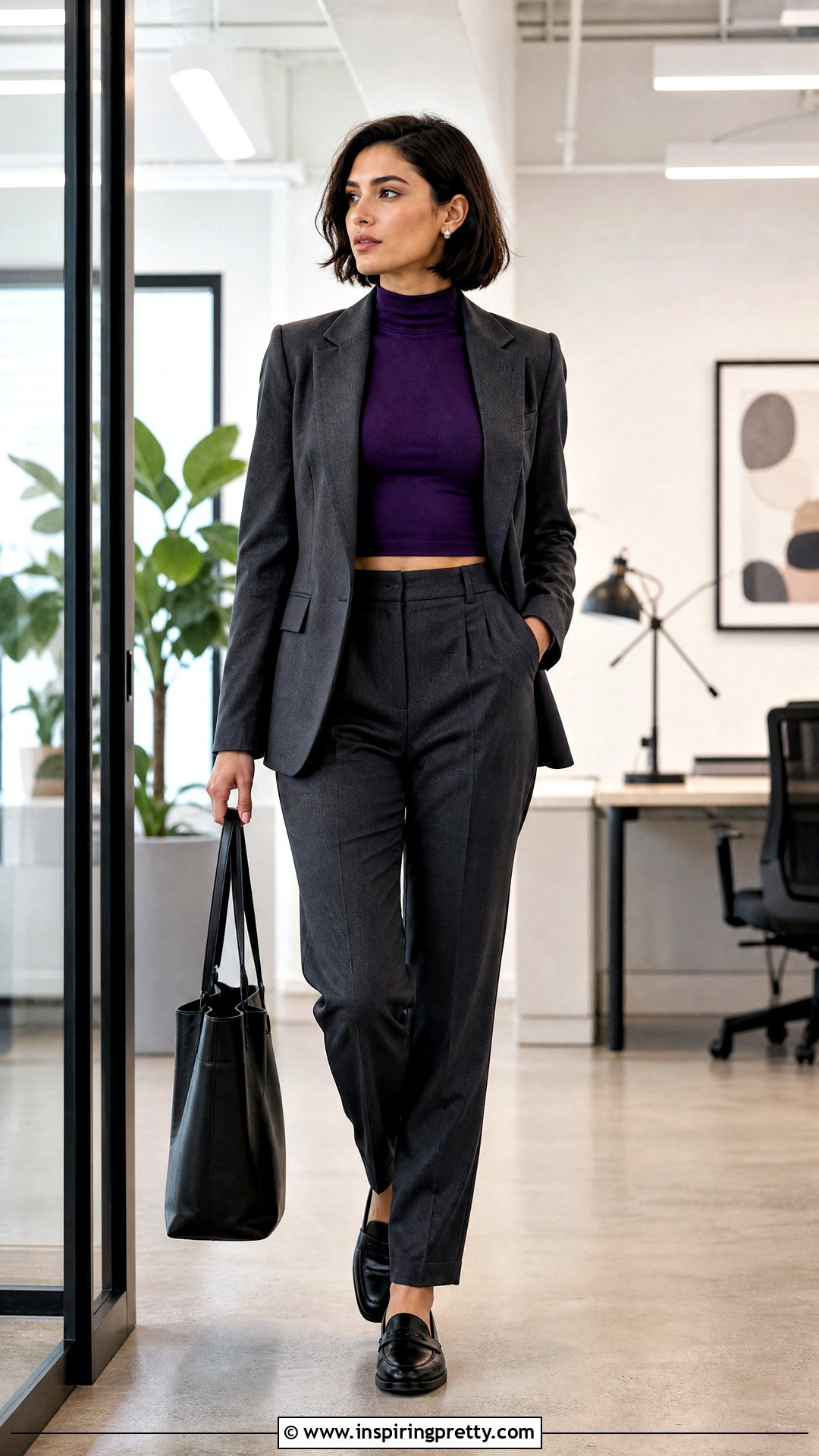 Purple Crop Top With Office Trousers And Blazer - 50 purple crop top outfit ideas