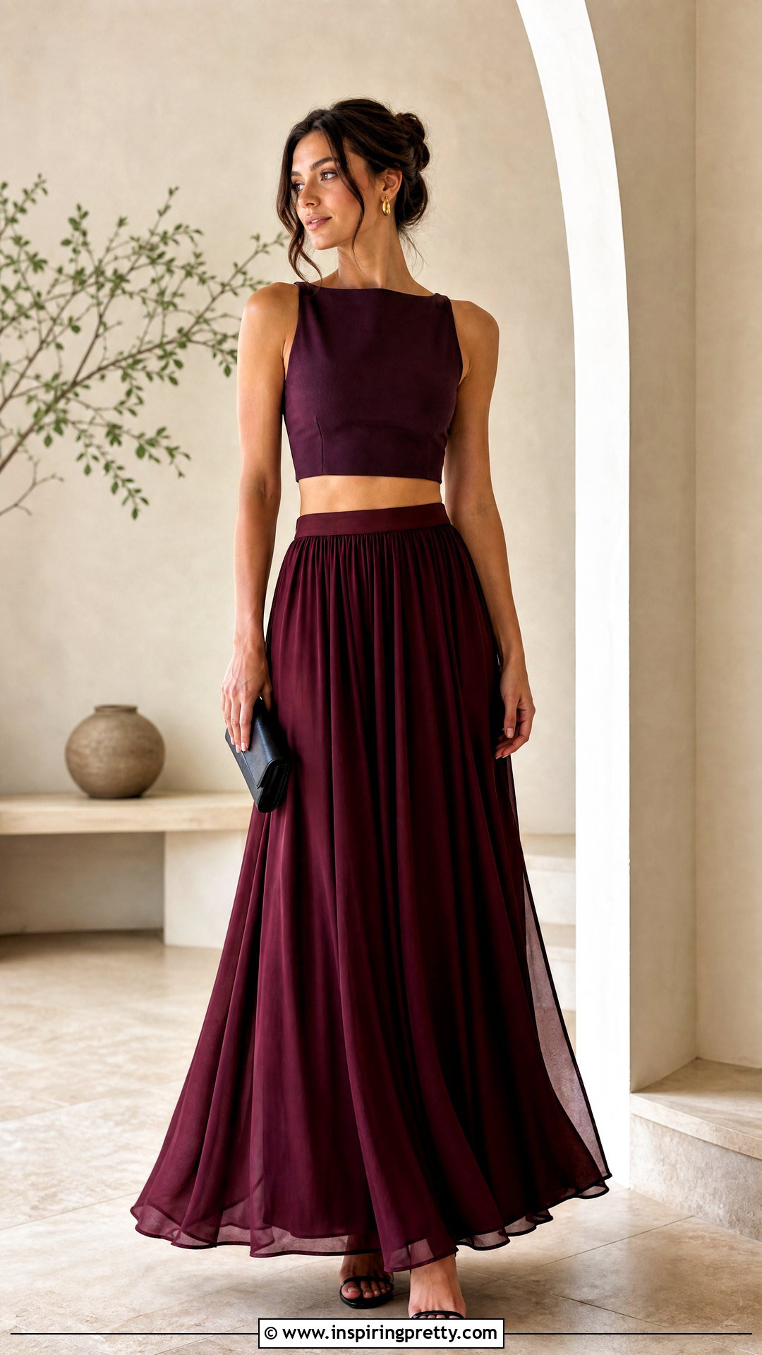 Purple Crop Top With Red Maxi Skirt - 50 purple crop top outfit ideas