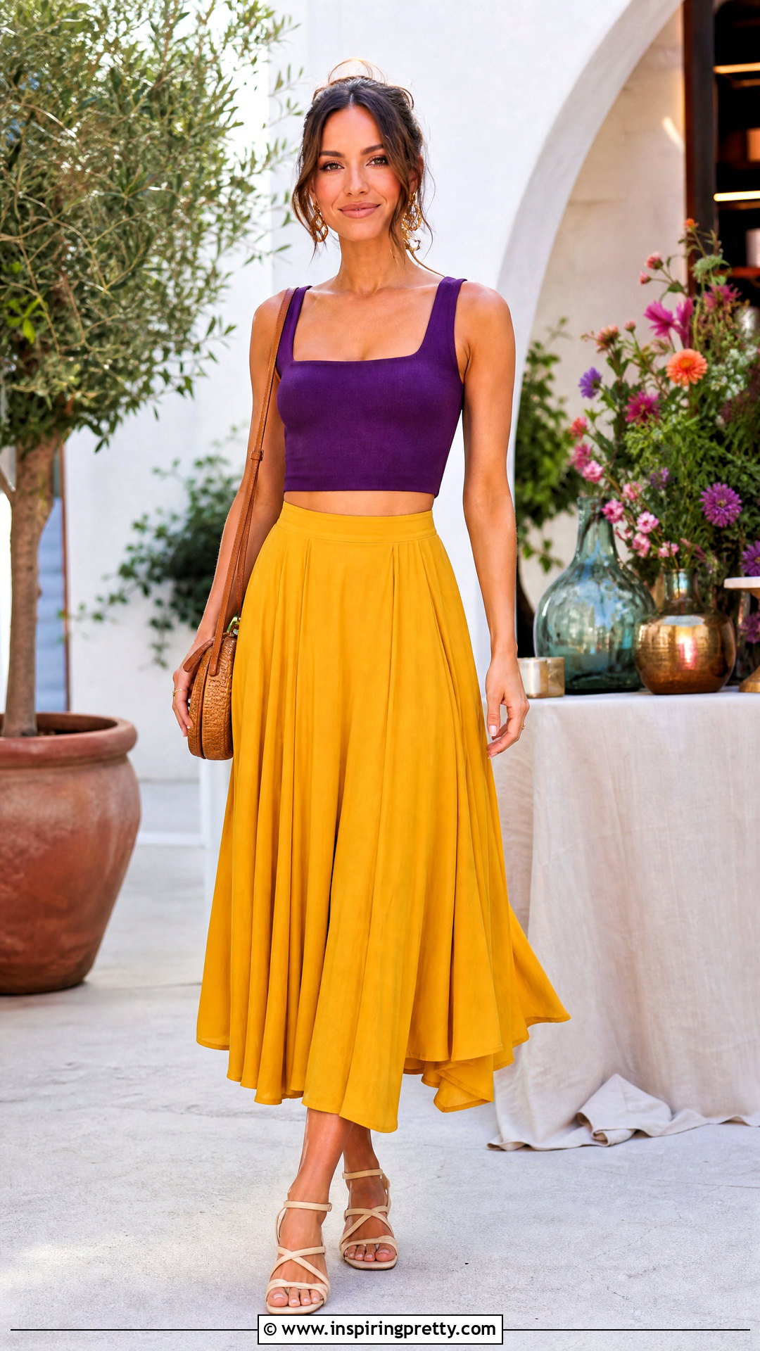Purple Crop Top With Yellow Midi Skirt - 50 purple crop top outfit ideas