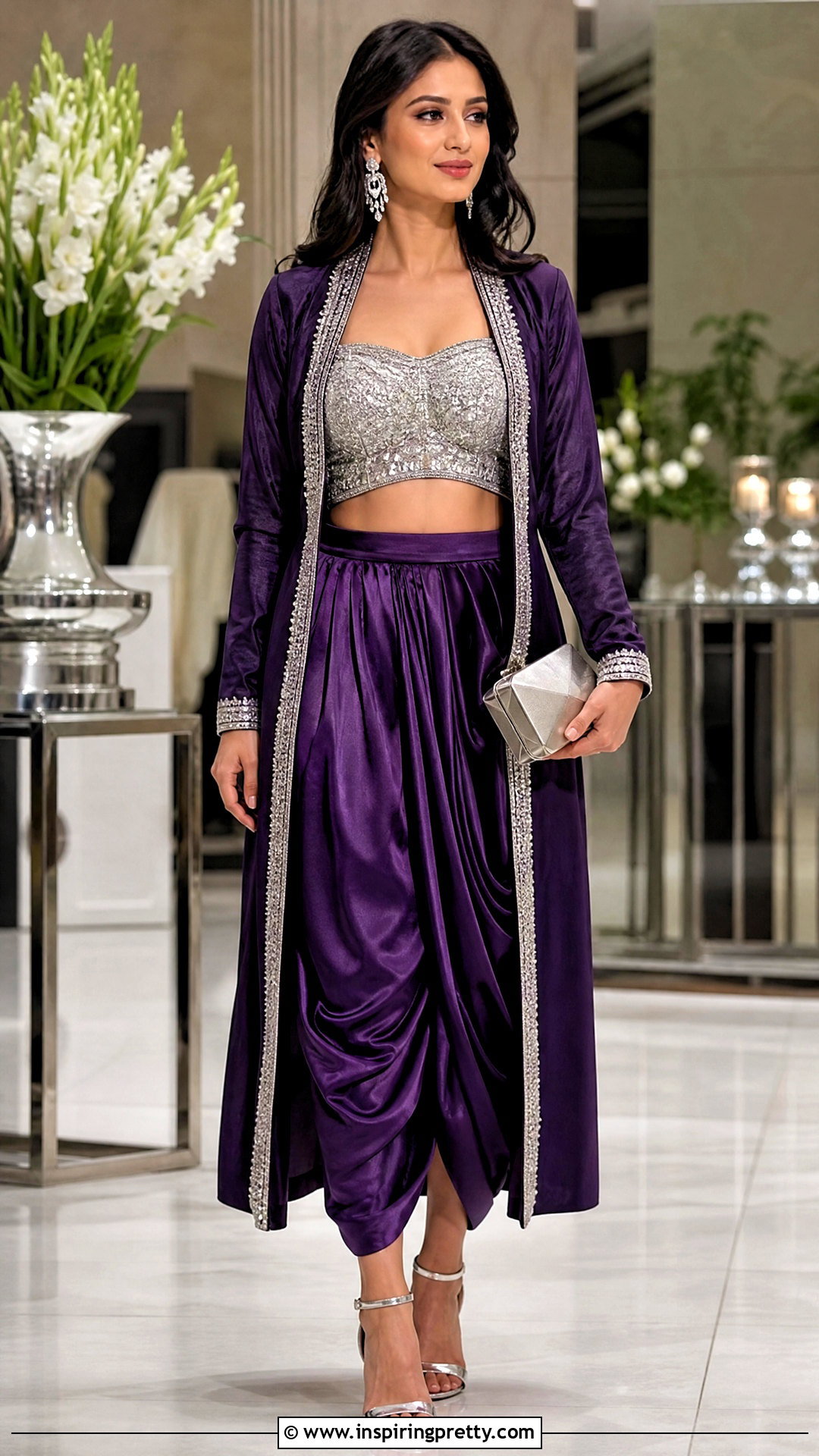Purple Dhoti Skirt With Silver Crop Top And Jacket - 25 dhoti skirt with crop top and jacket outfit ideas