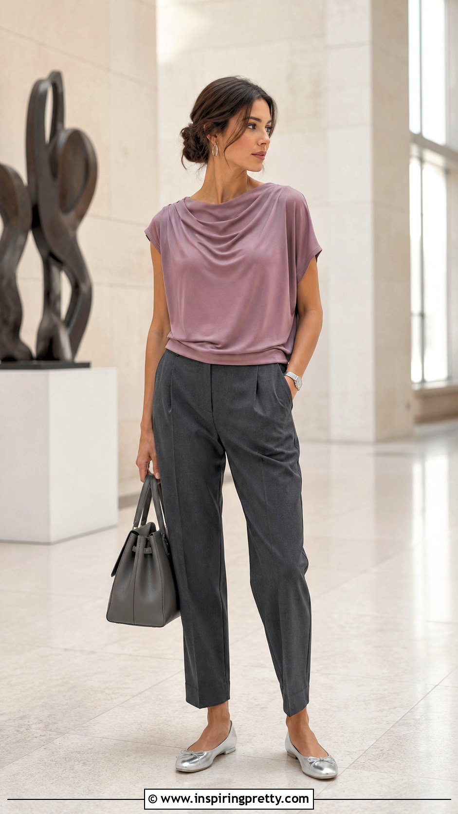 Purple Draped Sunday Top With Gray Trousers - 50 sunday top design
