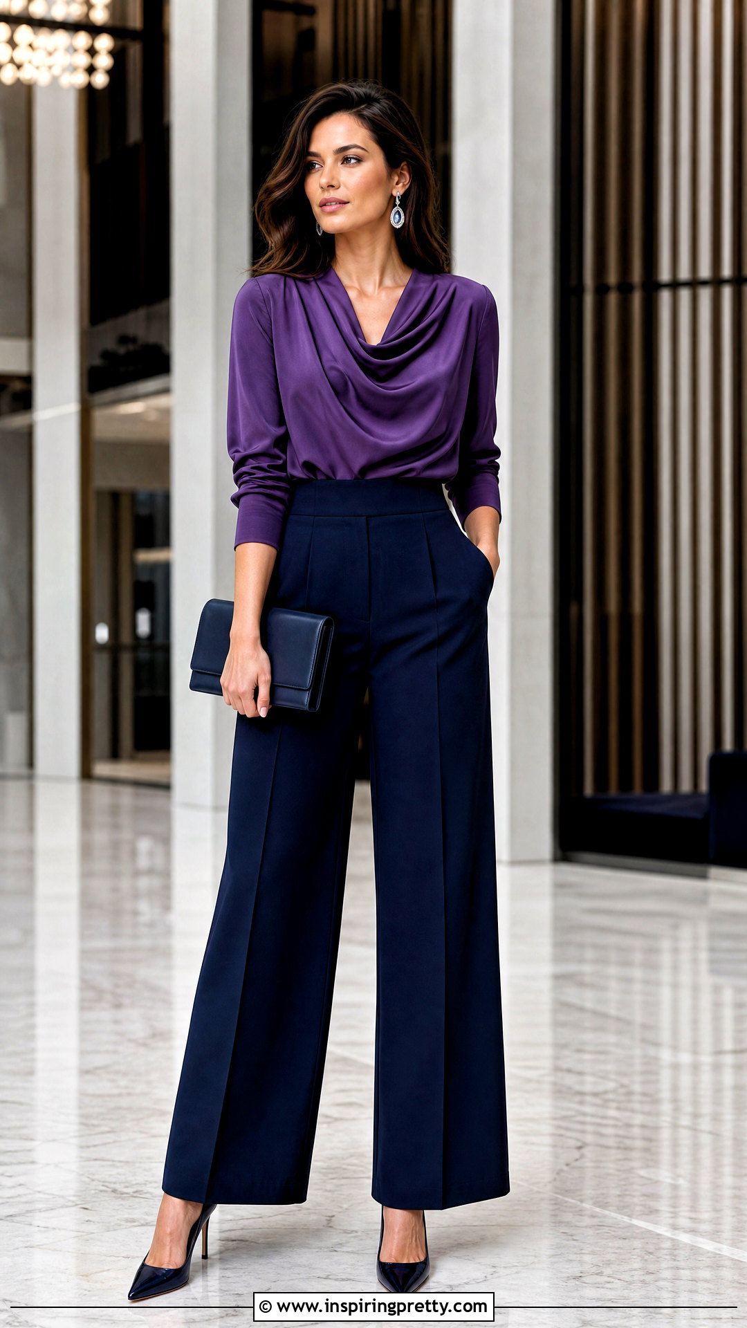 Purple Draped Top With Navy Wide Leg Pants - 25 fancy purple top outfit ideas