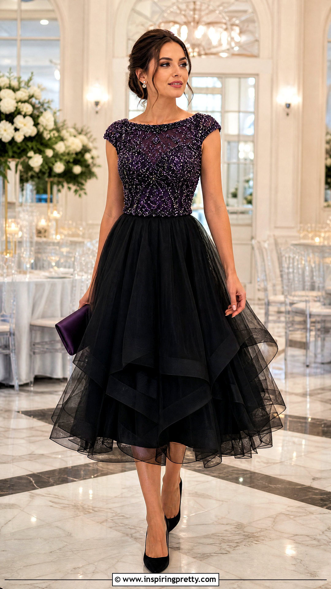 Purple Embellished Top With Black Tulle Skirt - 25 fancy purple top outfit ideas