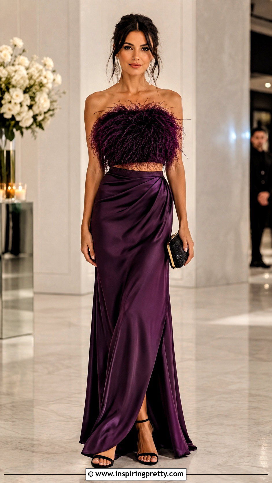 Purple Feather Bandeau Top With Satin Skirt - 25 feather bandeau top outfit ideas