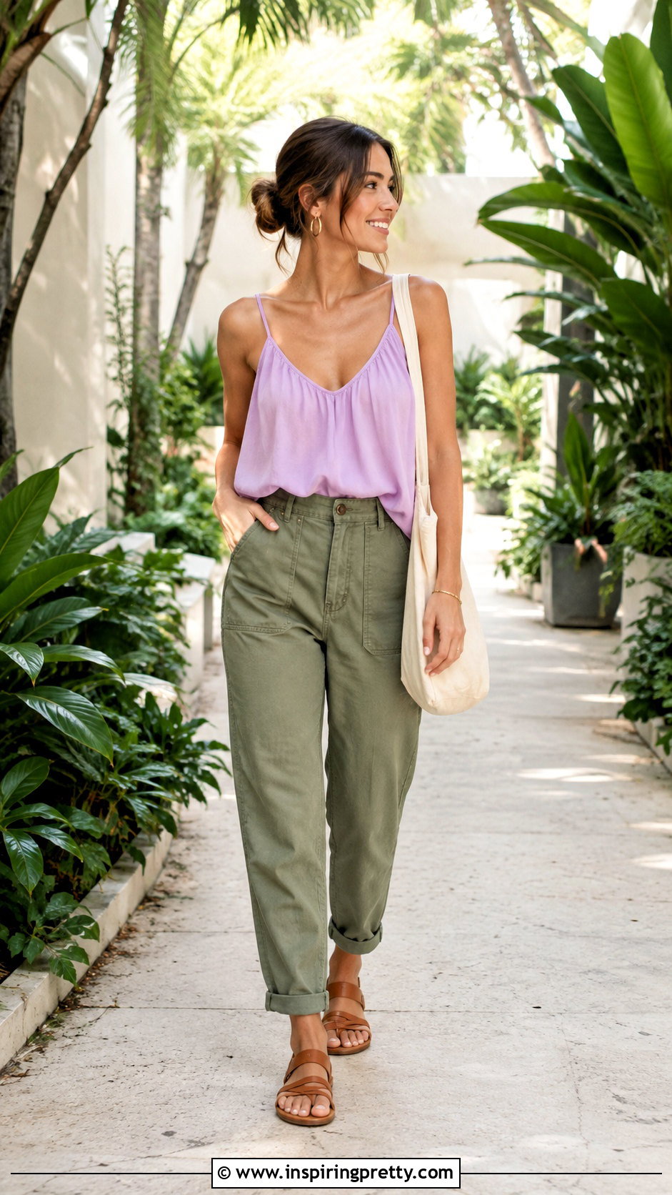 Purple Flowy Tank Top With Olive Green Pants - 25 purple flowy tank top outfit ideas