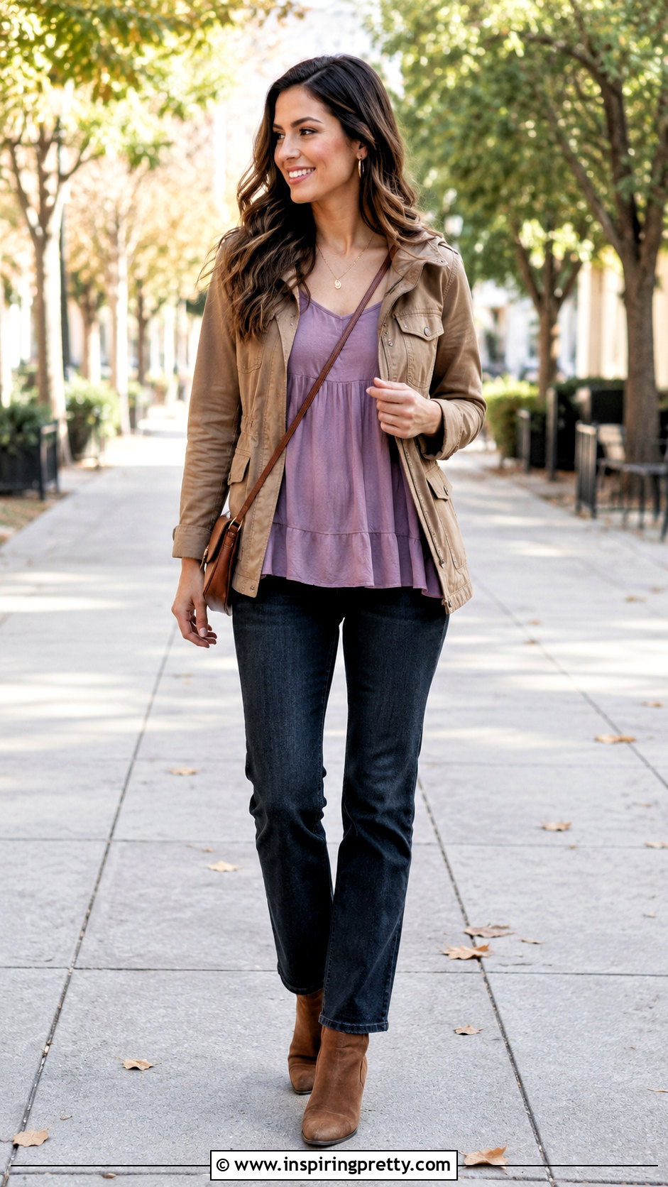 Purple Flowy Tank Top With a Tan Utility Jacket - 25 purple flowy tank top outfit ideas