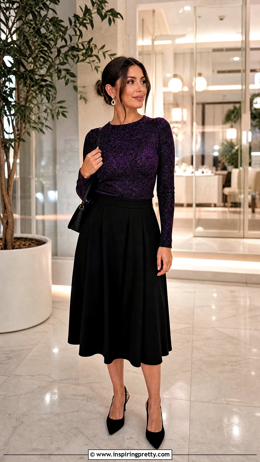 Purple Glittery Top With Black Midi Skirt - 50 glittery top outfits