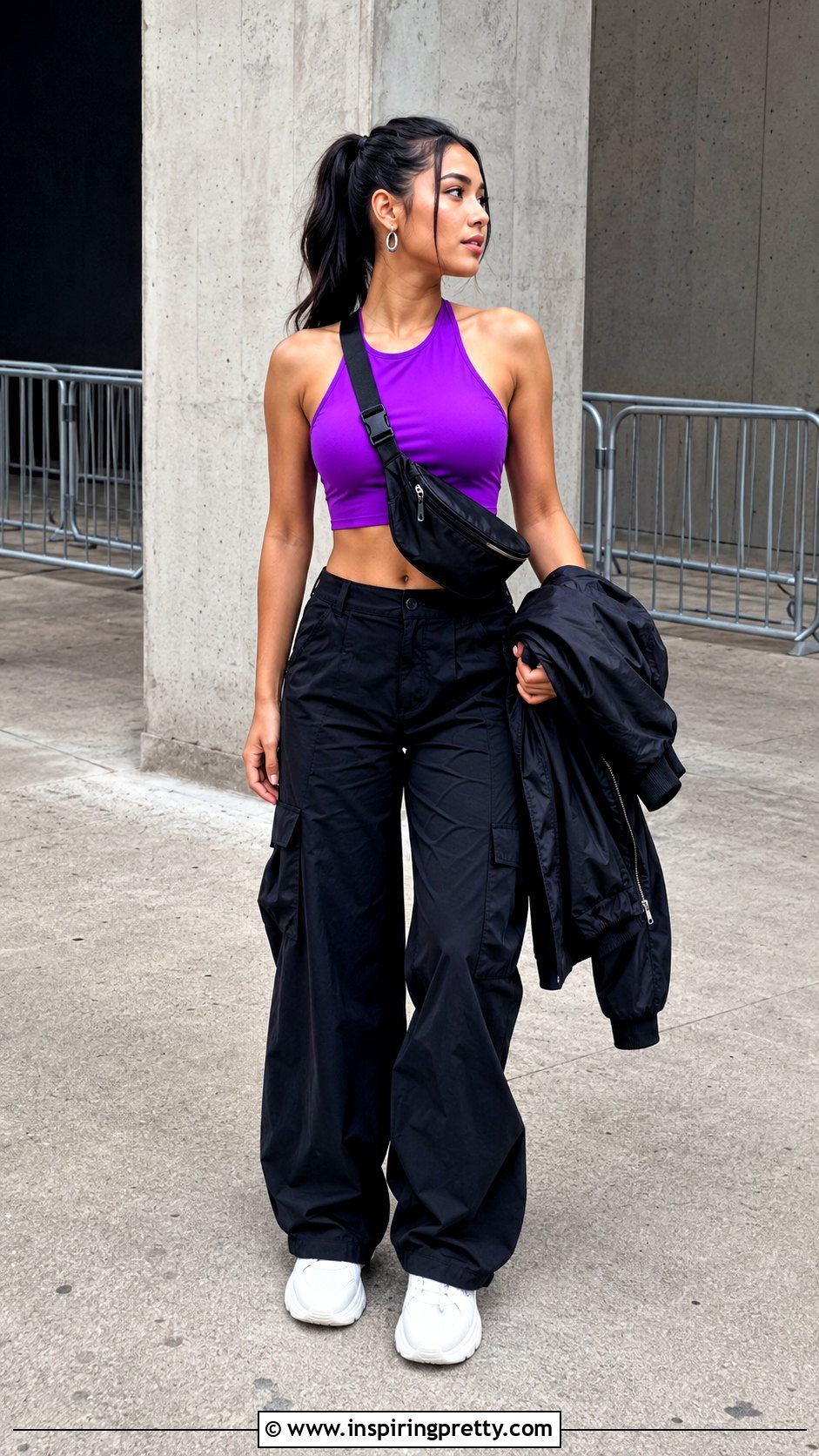 Purple Halter Crop Top With Black Cargo Pants - 20 purple halter crop top outfit ideas