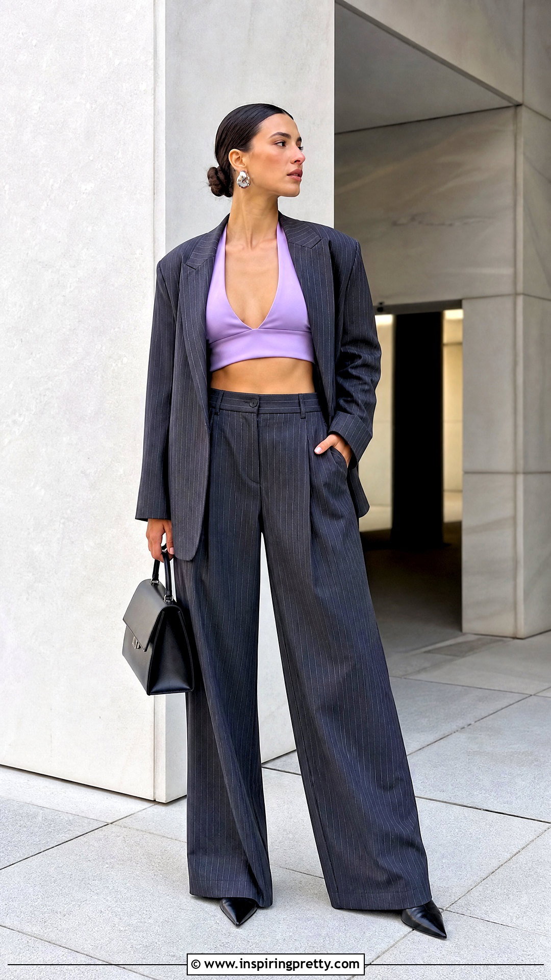 Purple Halter Crop Top With Pinstripe Trousers And Blazer - 20 purple halter crop top outfit ideas