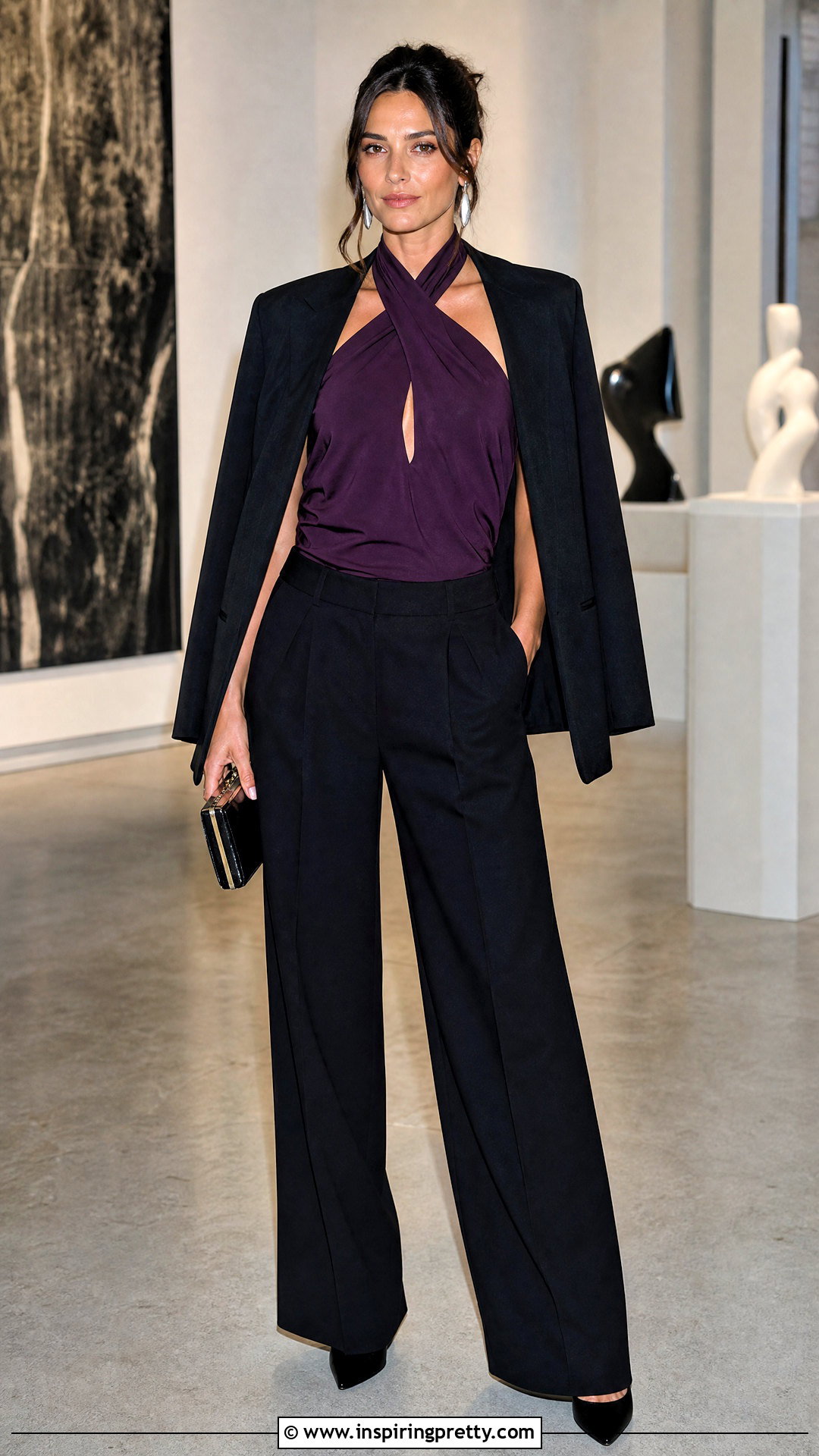 Purple Halter Neck Top With Black Trousers - 50 halter neck tops outfit ideas