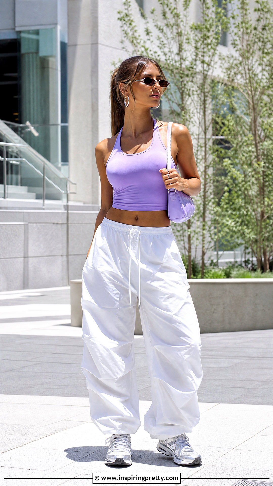 Purple Halter Top With White Parachute Pants - 25 tate mcrae purple top outfit ideas