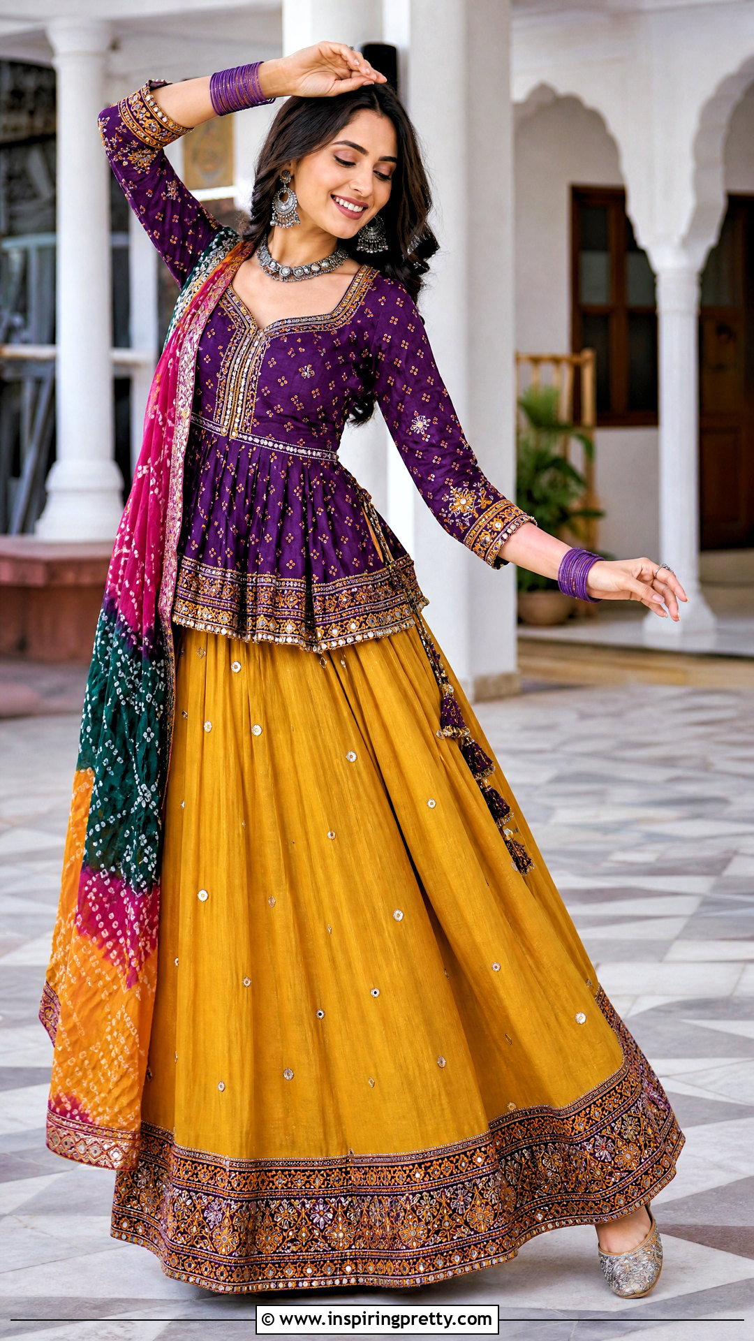 Purple Kediyu With Mustard Lehenga - 50 Kediyu Top For Navratri outfit ideas