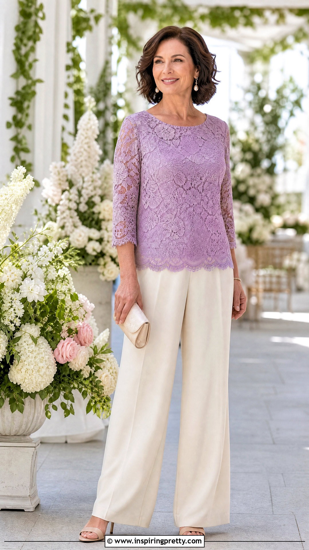 Purple Lace Top With Cream Palazzo Pants - 25 fancy purple top outfit ideas