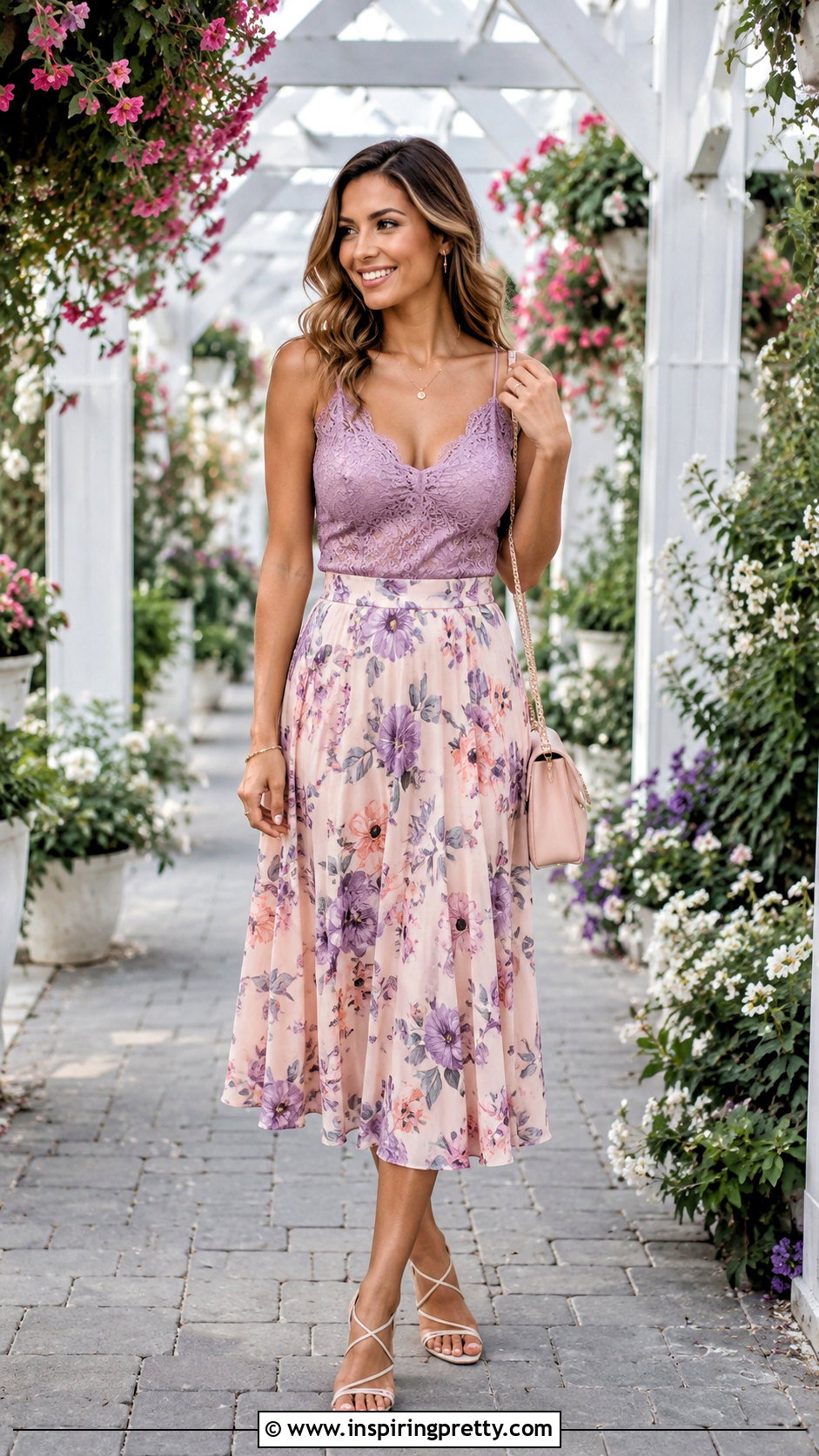 Purple Lace Top With Floral Midi Skirt - 20 Purple Lace Summer Top outfit ideas