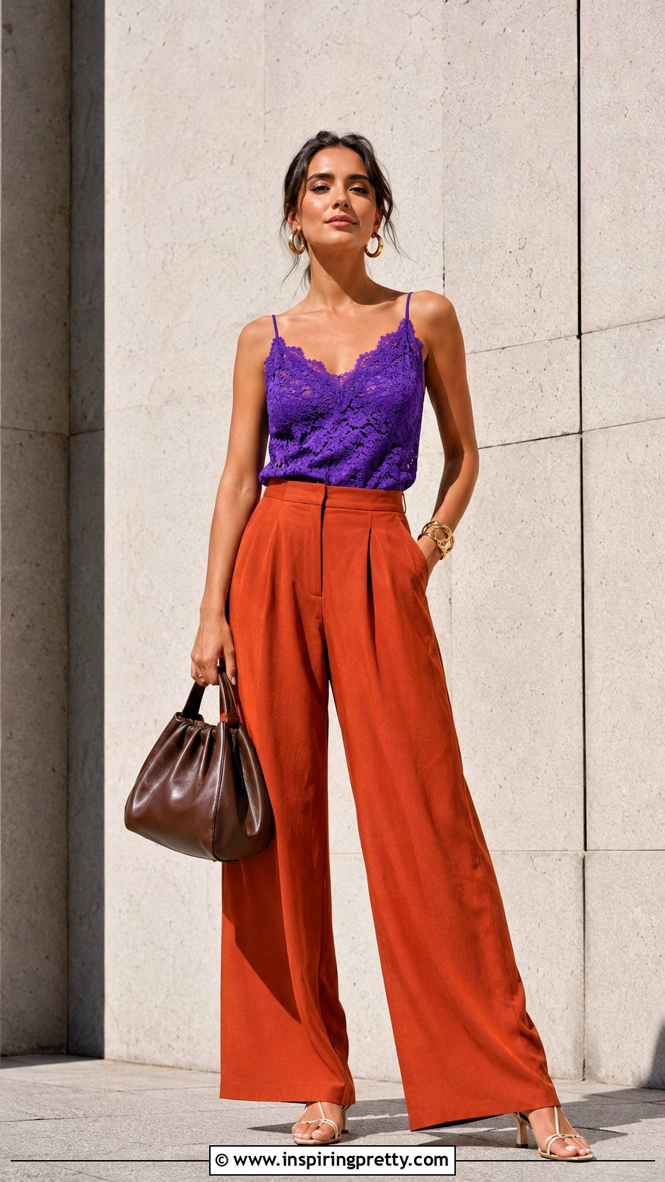 Purple Lace Top With Orange Trousers - 20 Purple Lace Summer Top outfit ideas