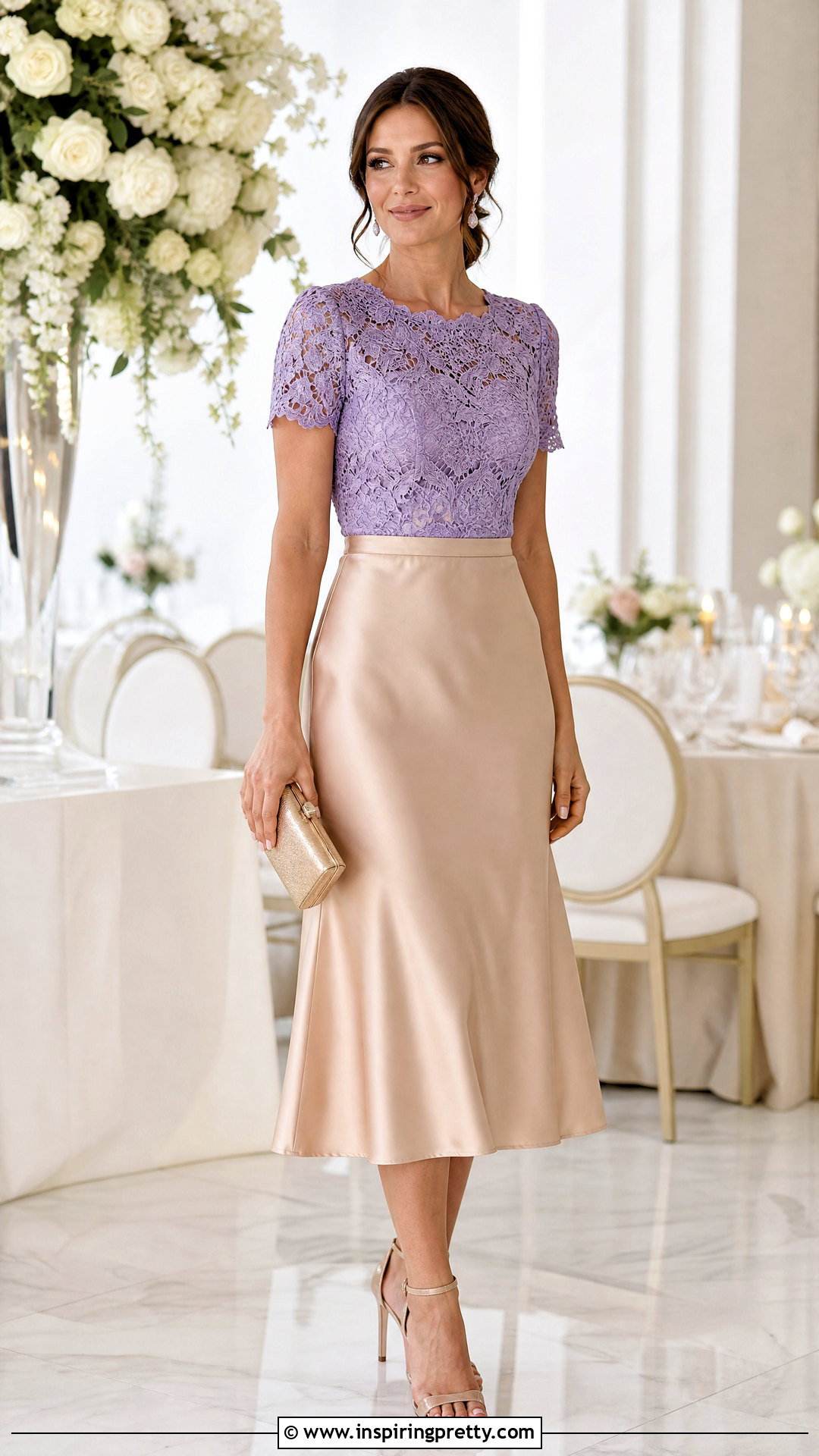 Purple Lace Top With Satin Skirt - 50 Purple Top Outfit ideas