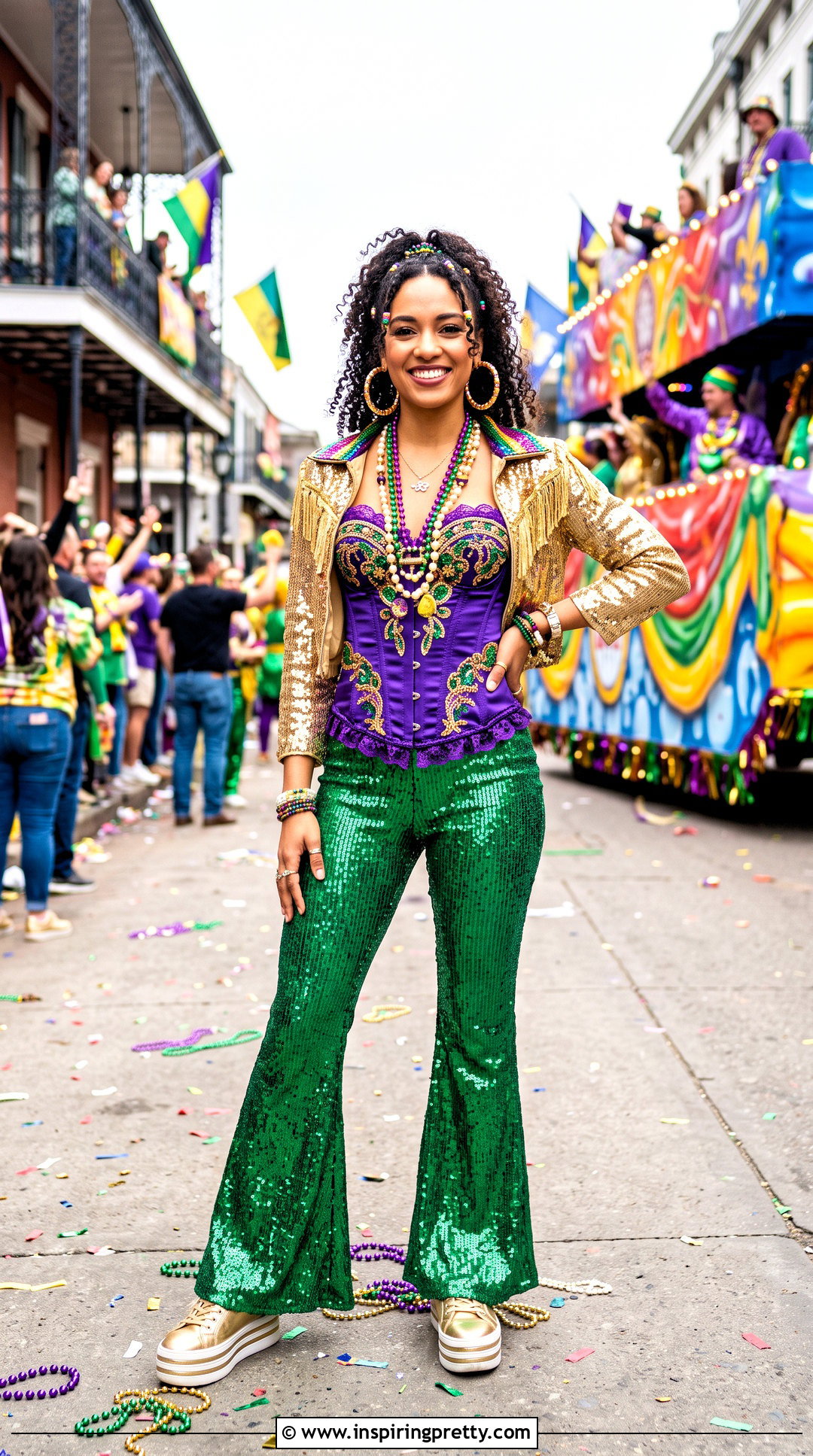 Purple Mardi Gras Corset Top With Green Flare Pants - 25 Mardi Gras Corset Tops