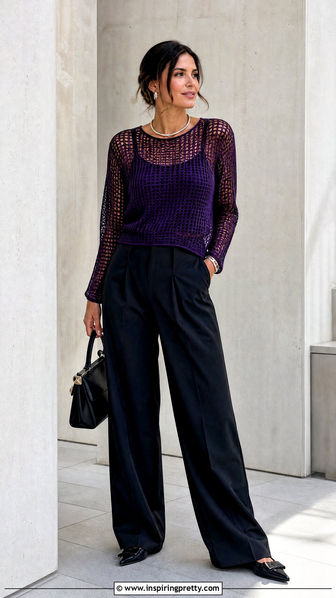 Purple Mesh Crochet Top With Black Trousers - 50 mesh crochet top outfit ideas