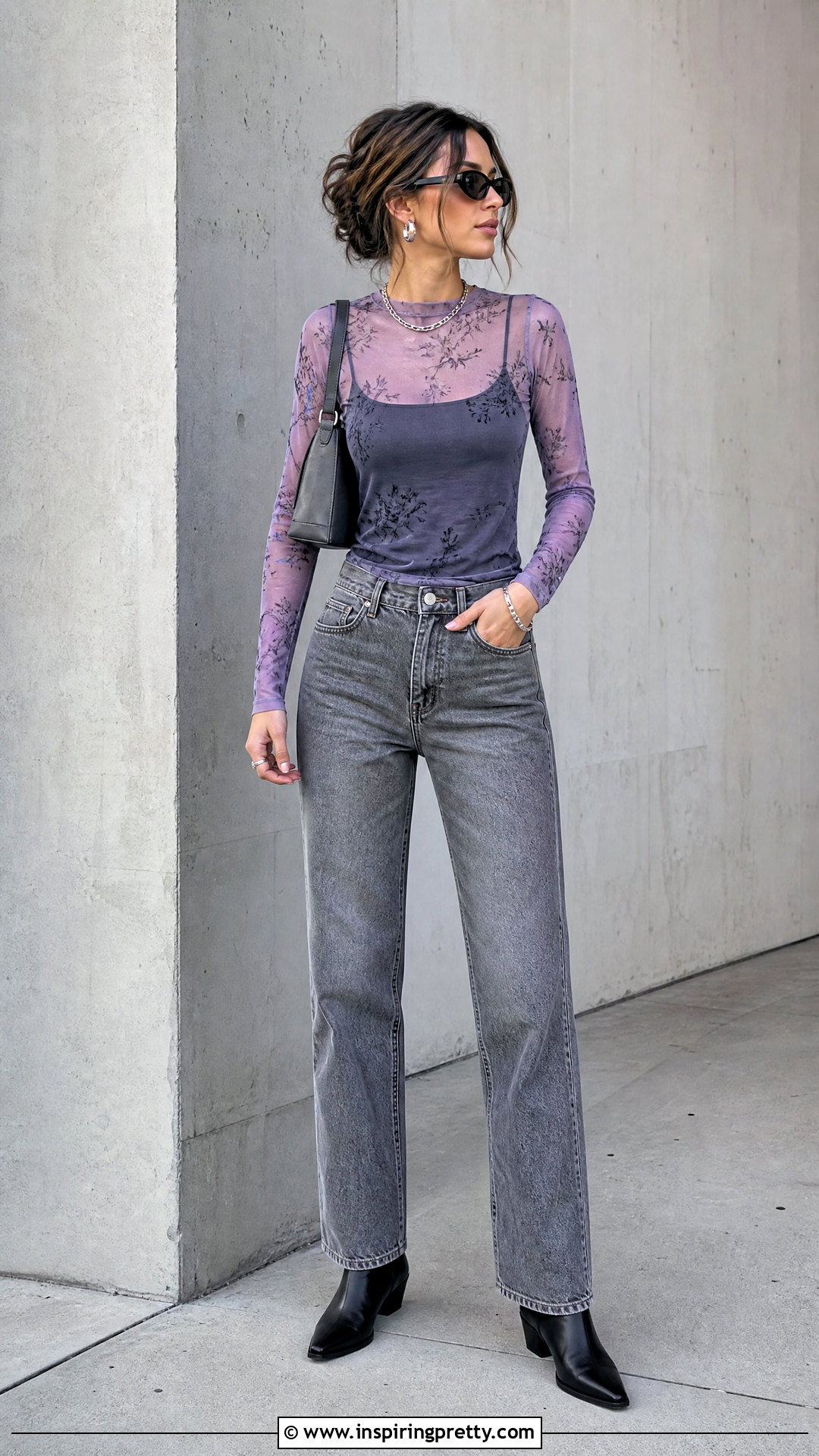 Purple Mesh Top With Gray Jeans - 50 mesh top outfit aesthetic ideas