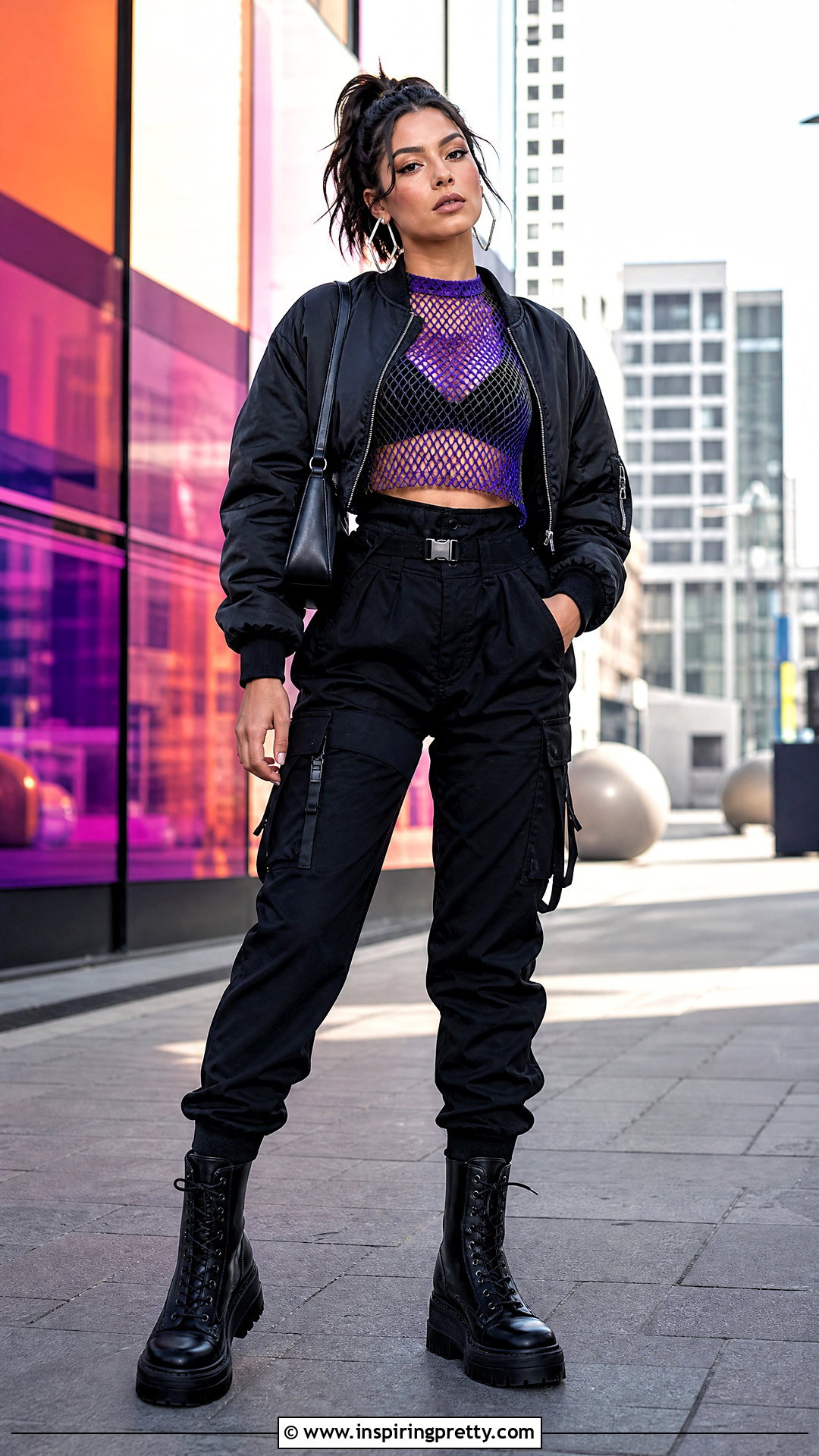 Purple Net Top With Black Cargo Pants - 50 net top outfits