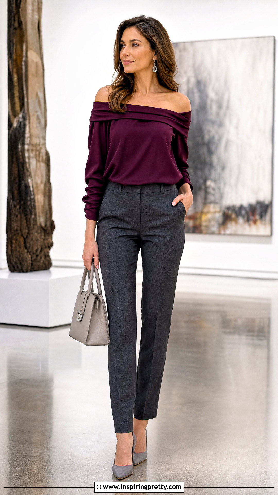 Purple Off Shoulder Top With Gray Trousers - 50 off the shoulder top outfit ideas