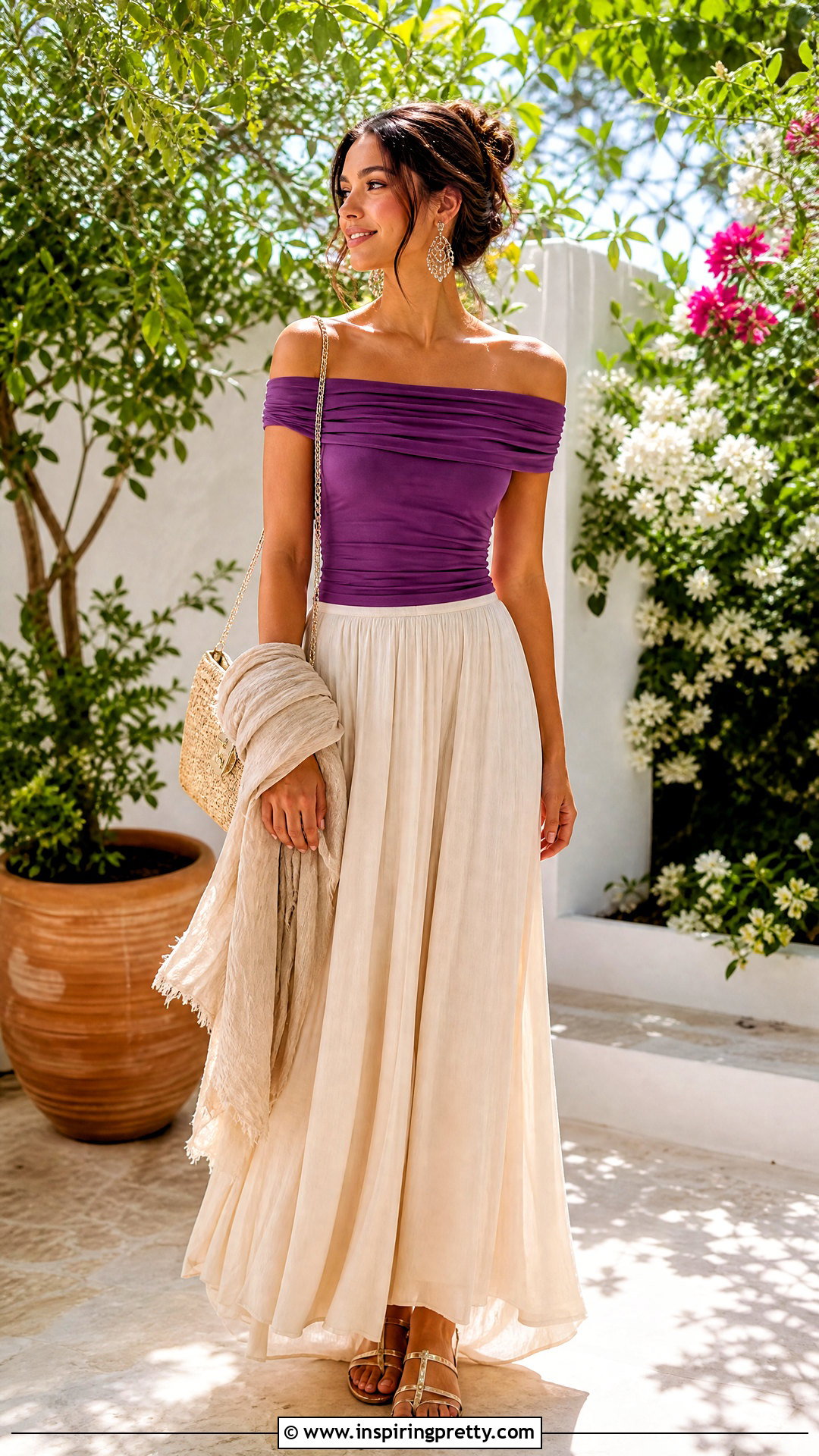 Purple Off Shoulder Top With Maxi Skirt - 50 Purple Top Outfit ideas
