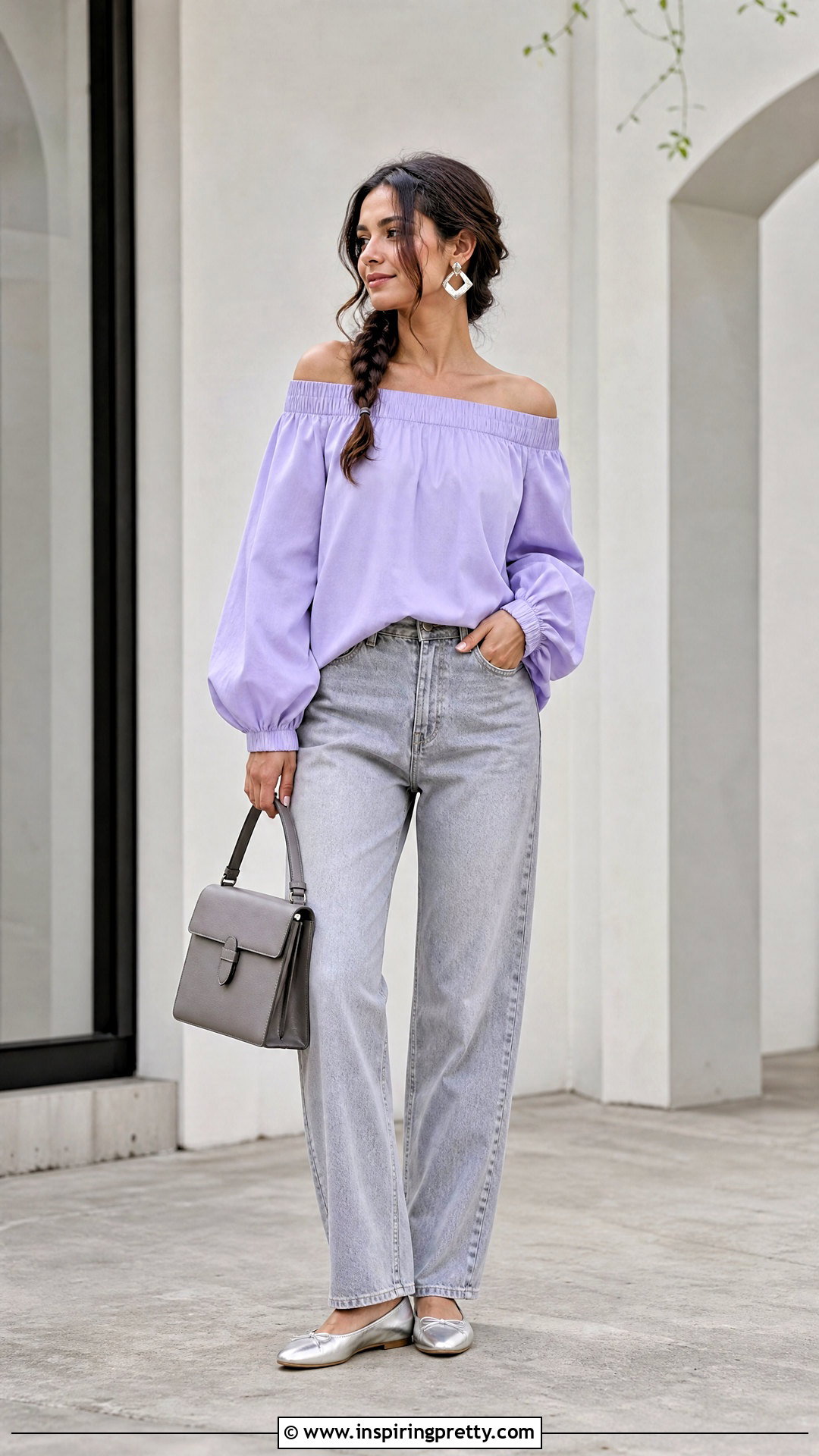 Purple Off Shoulder Top With Rope Braid and Gray Jeans - 50 hairstyle for off shoulder top outfit ideas