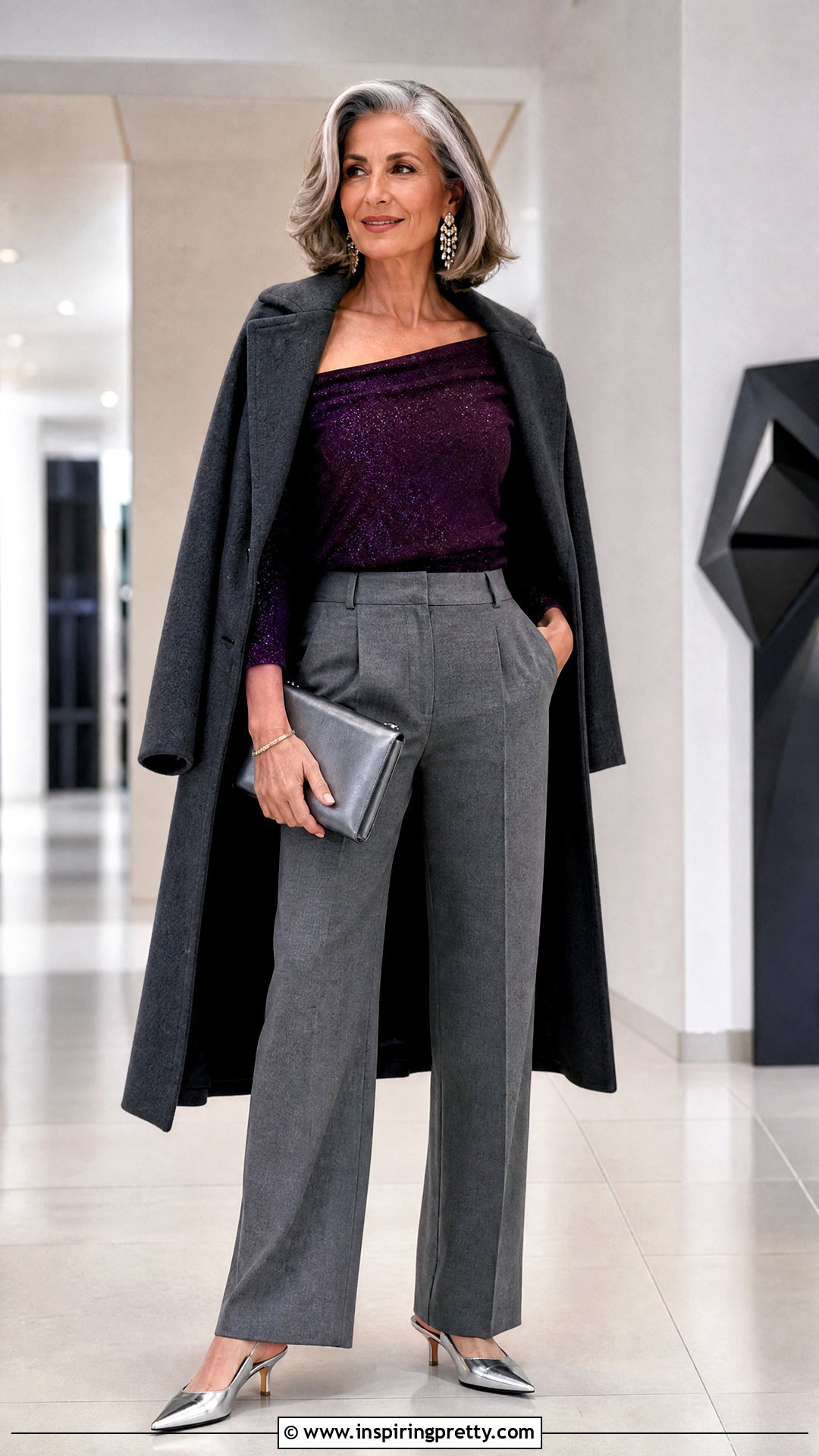 Purple Off The Shoulder Sparkly Top With Gray Suit Trousers - 25 off the shoulder sparkly top outfit ideas