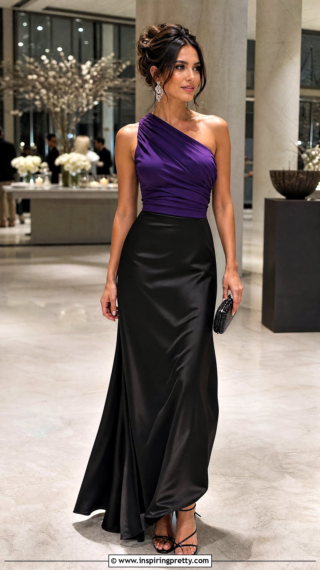 Purple One Shoulder Top With Black Maxi Skirt - 25 fancy purple top outfit ideas