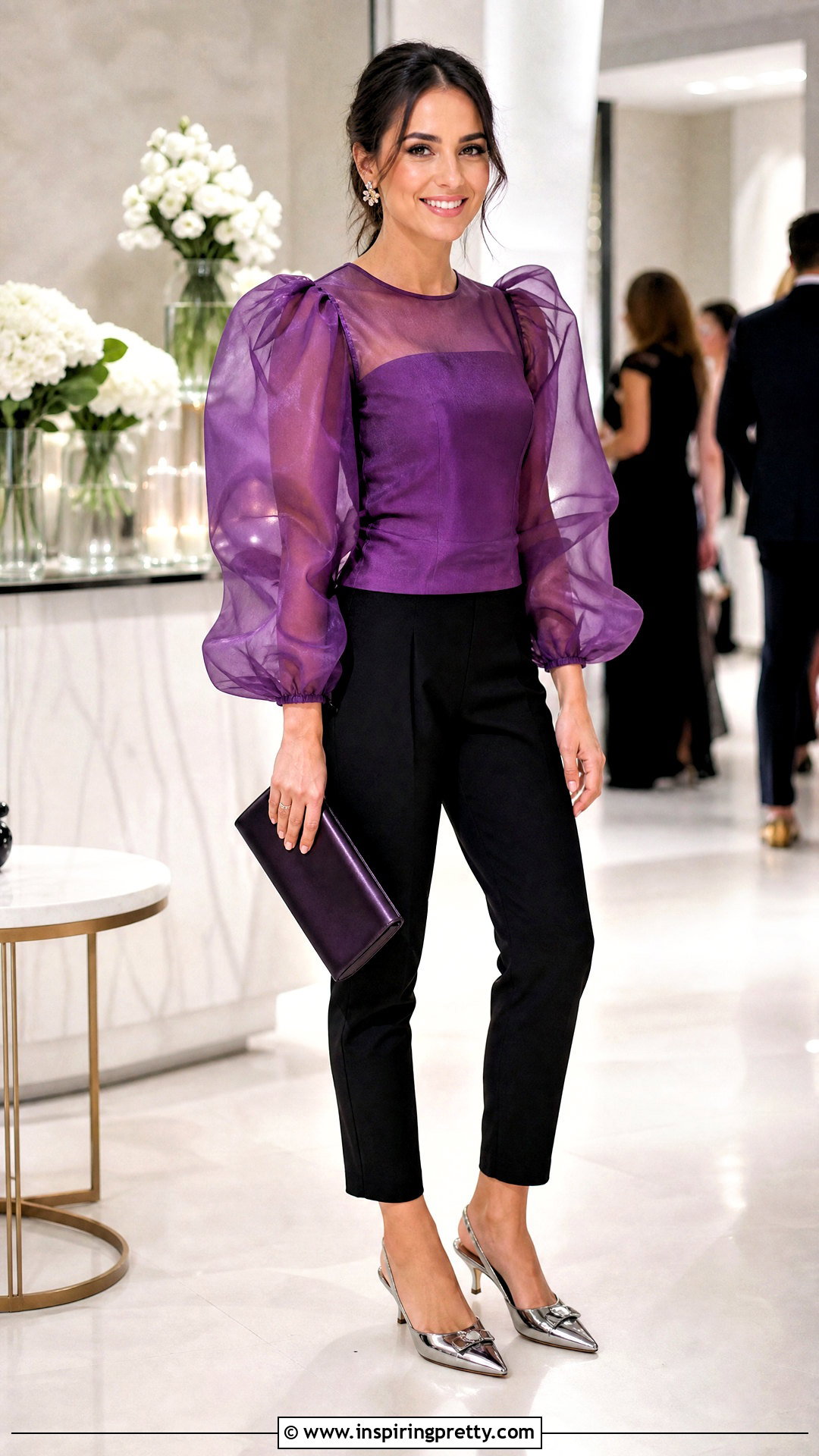 Purple Organza Top With Black Cigarette Pants - 25 fancy purple top outfit ideas