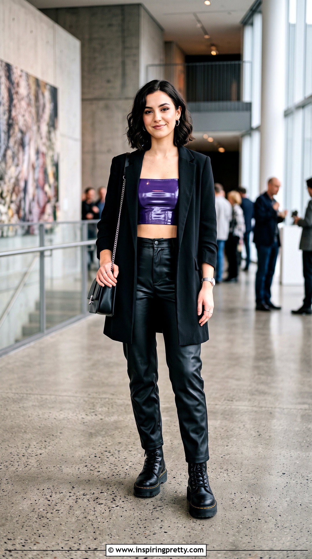 Purple PVC Crop Top With Faux Leather Pants - 20 pvc crop top outfit ideas