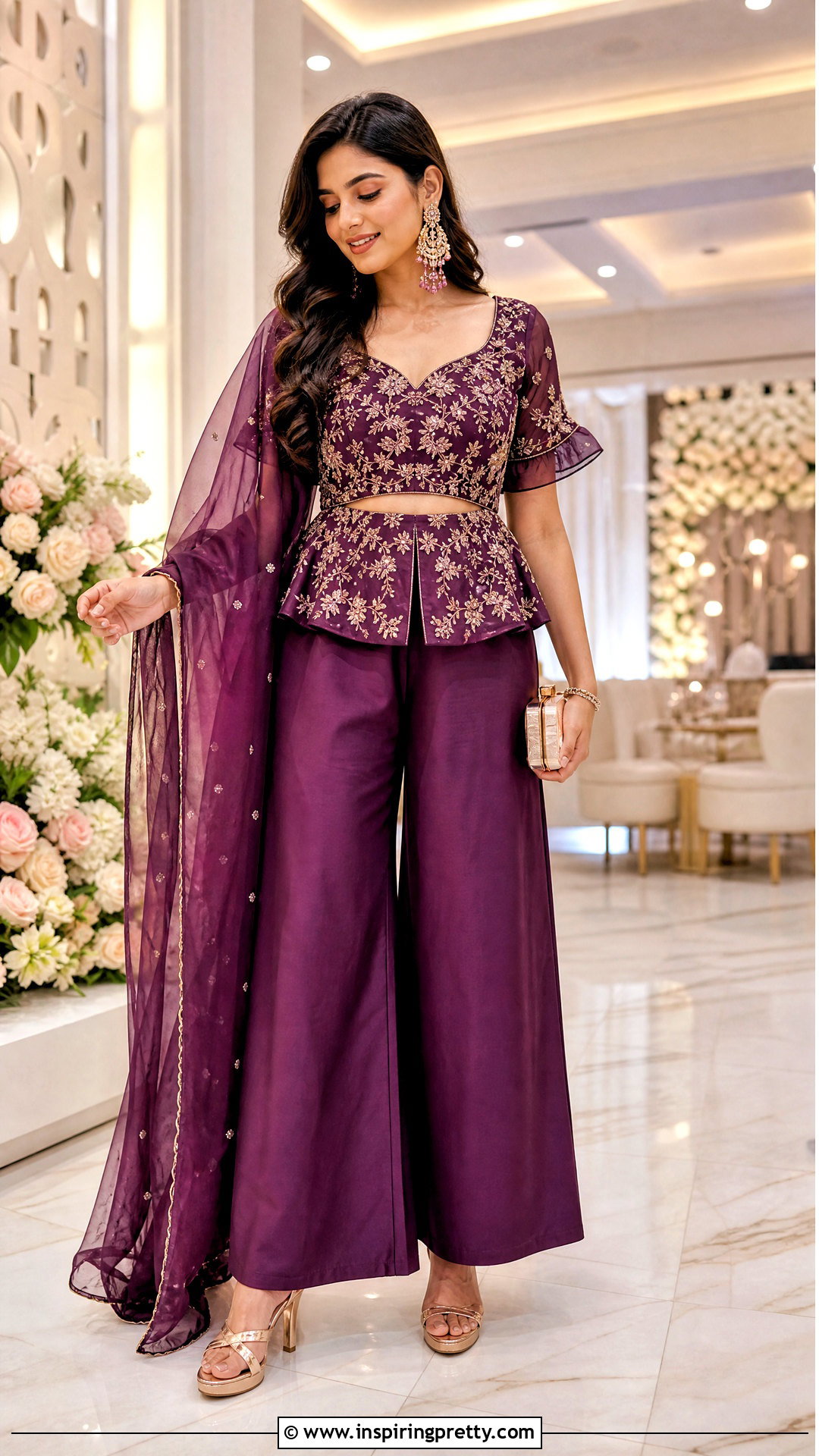 Purple Palazzo With Peplum Crop Top And Dupatta - 20 plazzo with crop top and dupatta outfit ideas