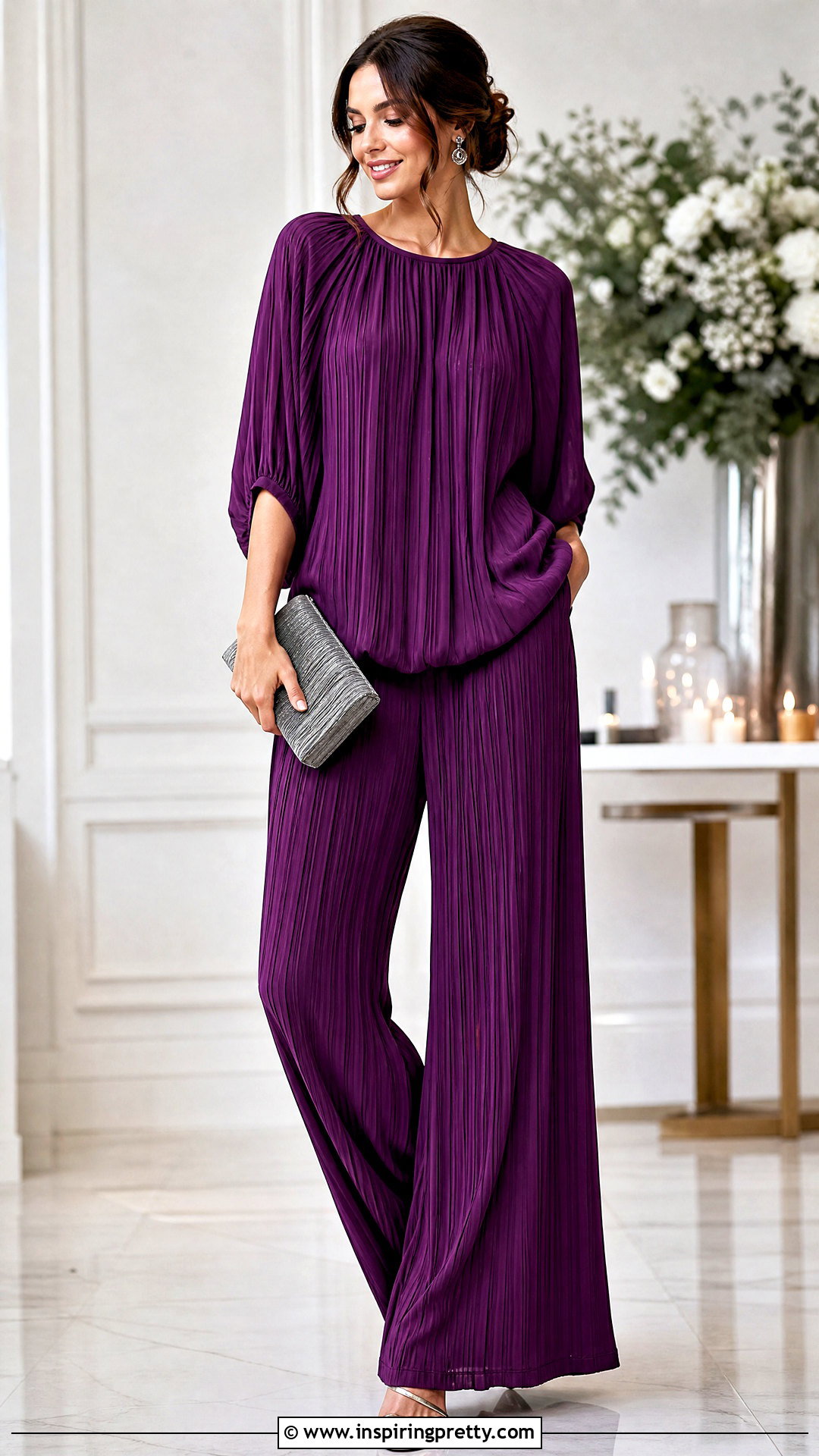 Purple Pleated Top And Pants Set - 50 top and pants set