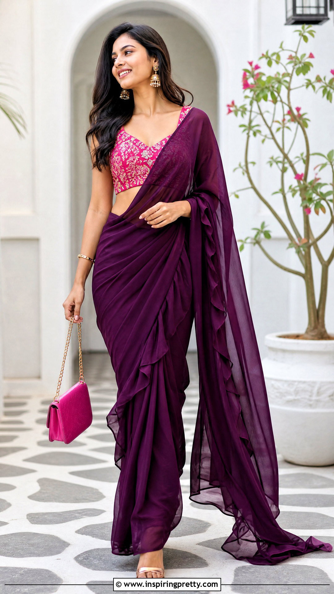 Purple Saree With Pink Crop Top - 50 saree with crop top outfit ideas