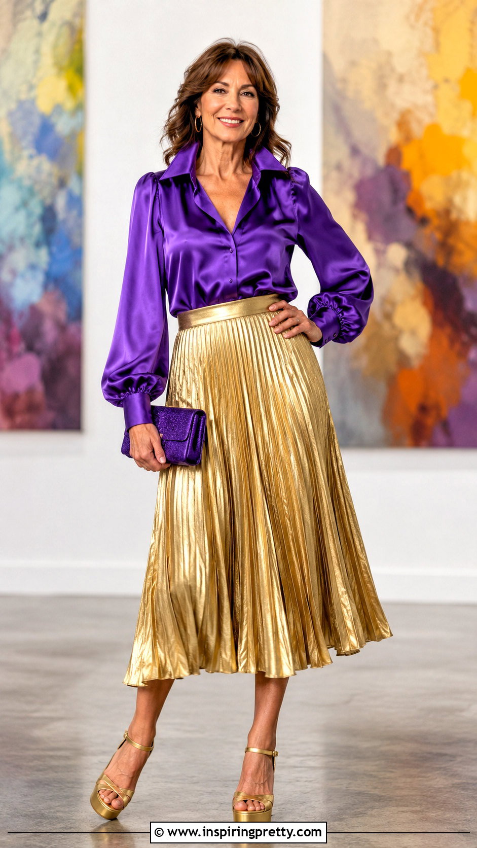 Purple Satin ABBA Blouse With Gold Midi Skirt - 20 Abba Inspired Tops outfit ideas