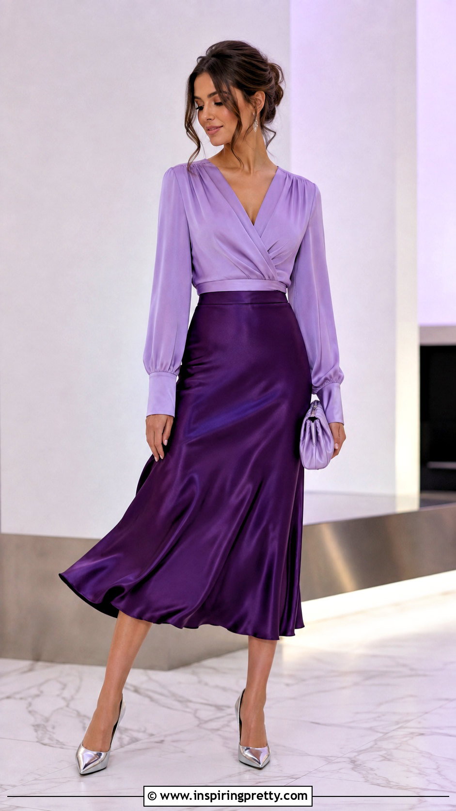 Purple Satin Skirt And Lilac Blouse Party Outfit - 50 skirt and top party wear outfits