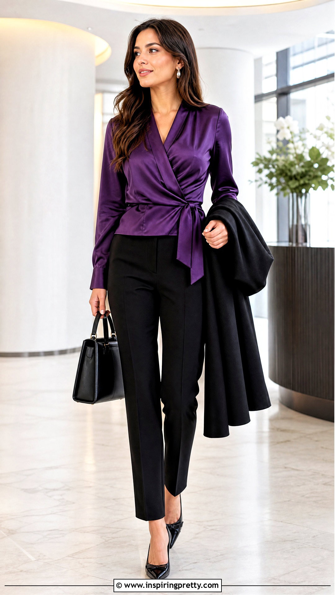 Purple Satin Wrap Blouse With Black Trousers - 50 satin tops for women