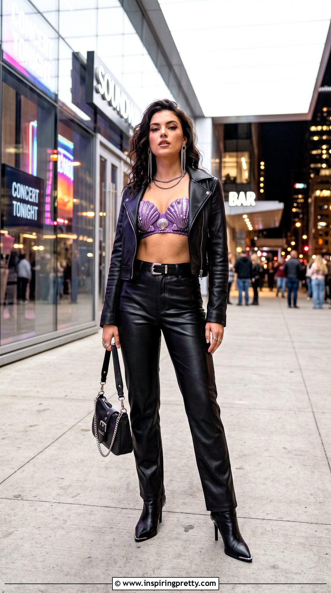 Purple Seashell Top With Black Leather Pants - 25 purple seashell top outfit ideas