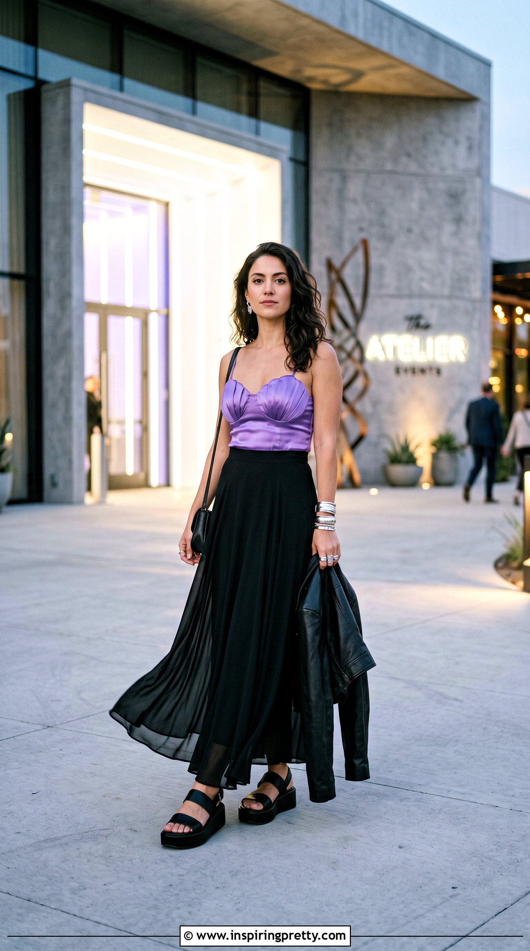 Purple Seashell Top With Black Maxi Skirt - 25 purple seashell top outfit ideas
